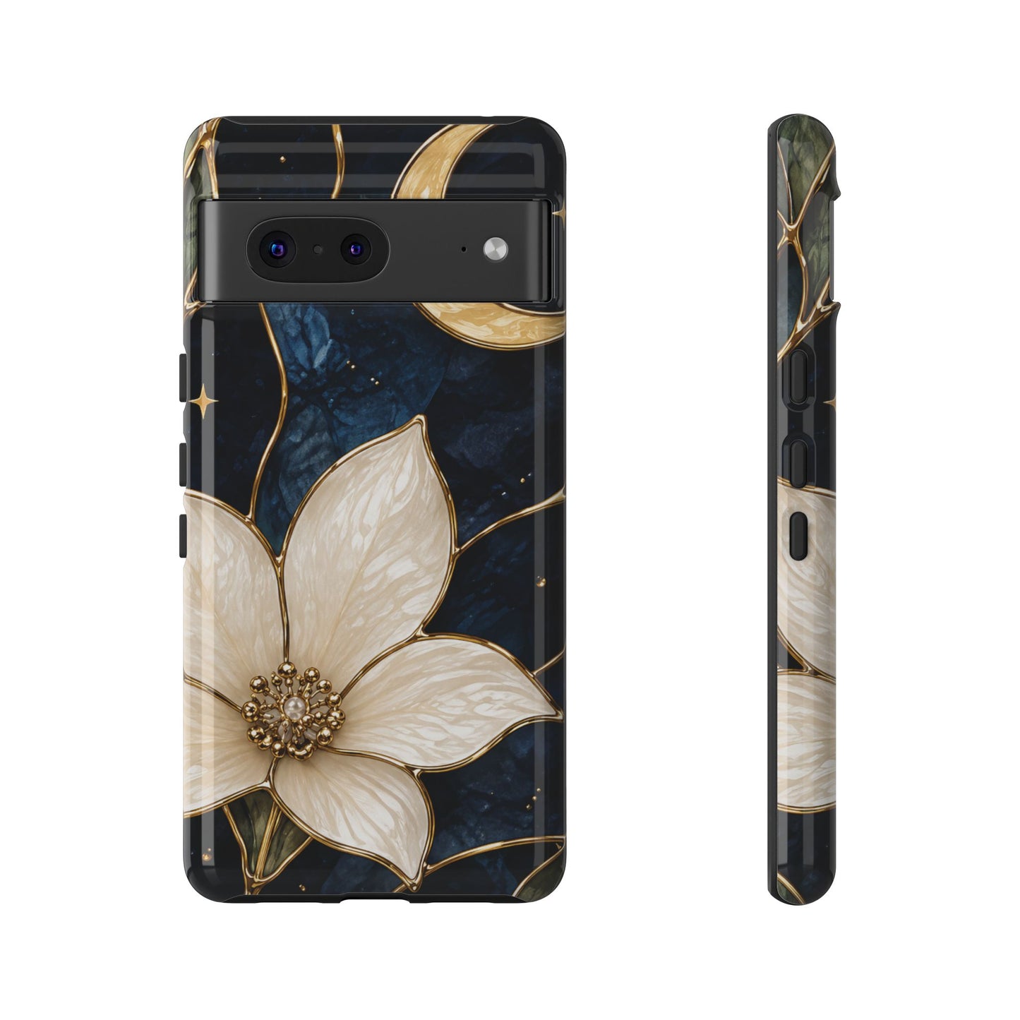 Midnight Blooms Floral Moon Tough Phone Case — Gold Crescent & White Blossom on Navy