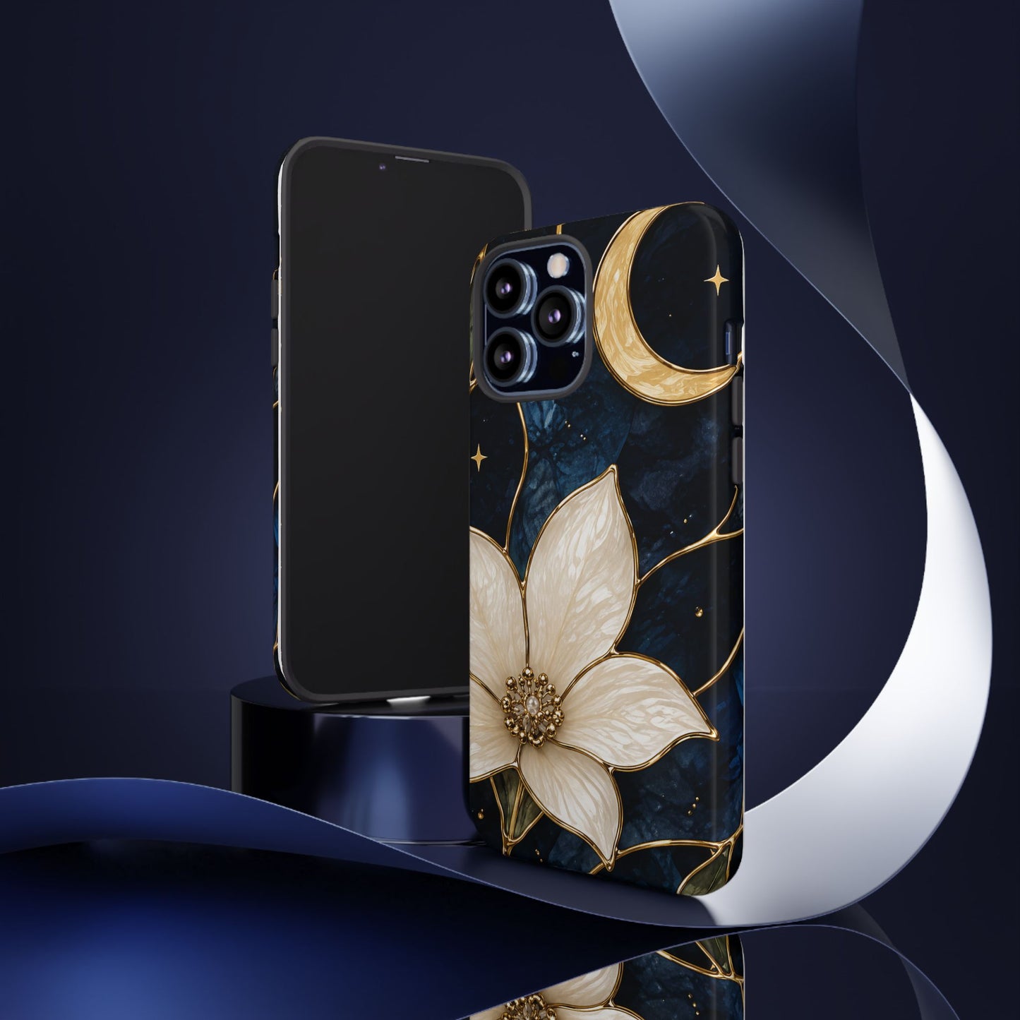 Midnight Blooms Floral Moon Tough Phone Case — Gold Crescent & White Blossom on Navy