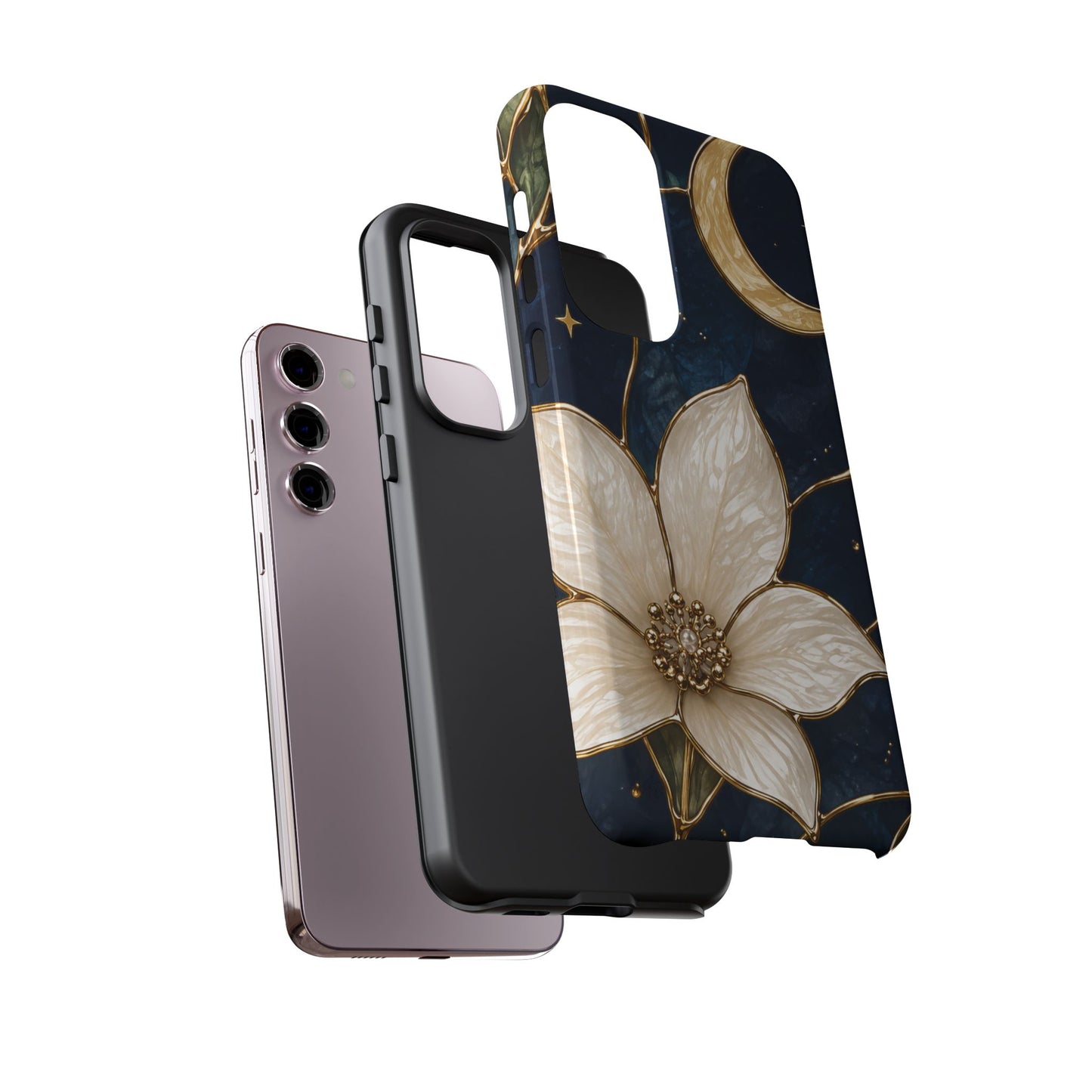 Midnight Blooms Floral Moon Tough Phone Case — Gold Crescent & White Blossom on Navy