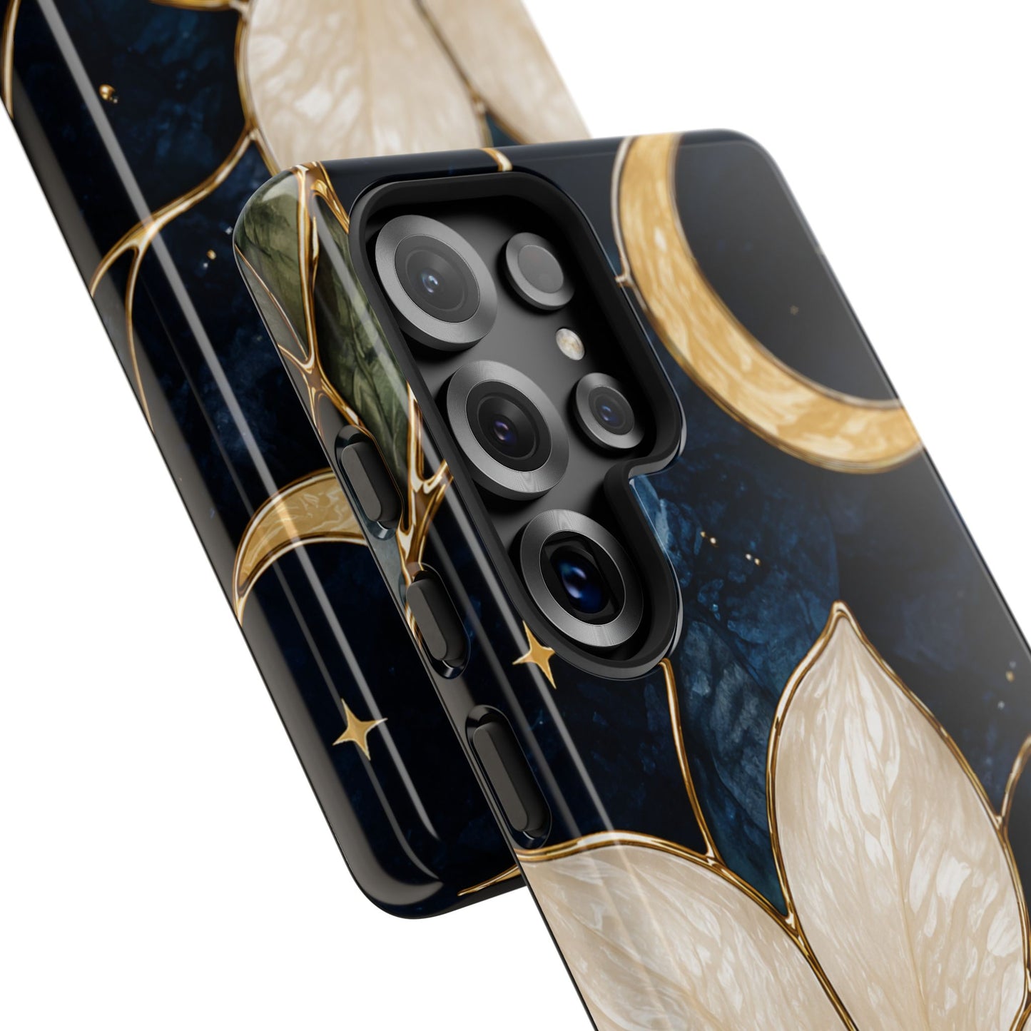 Midnight Blooms Floral Moon Tough Phone Case — Gold Crescent & White Blossom on Navy