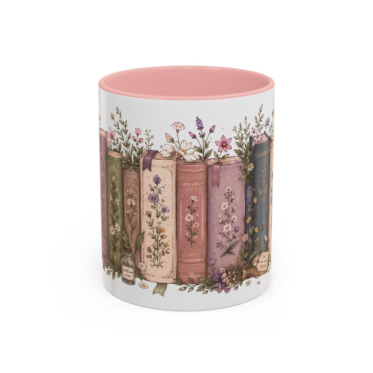 Floral Vintage Books Coffee Mug — Pink Accent Novel Lover Gift