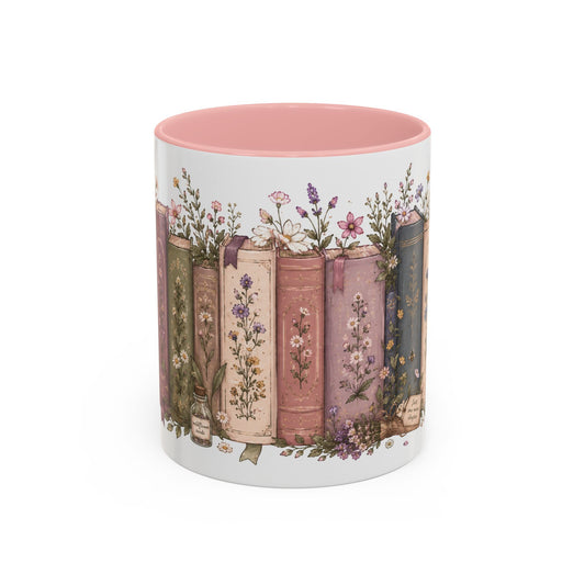 Floral Vintage Books Coffee Mug — Pink Accent Novel Lover Gift
