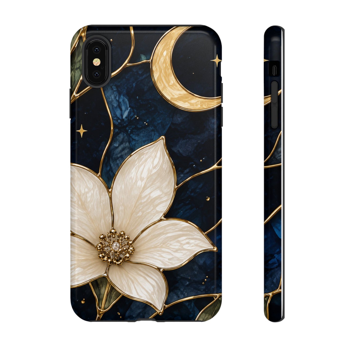 Midnight Blooms Floral Moon Tough Phone Case — Gold Crescent & White Blossom on Navy