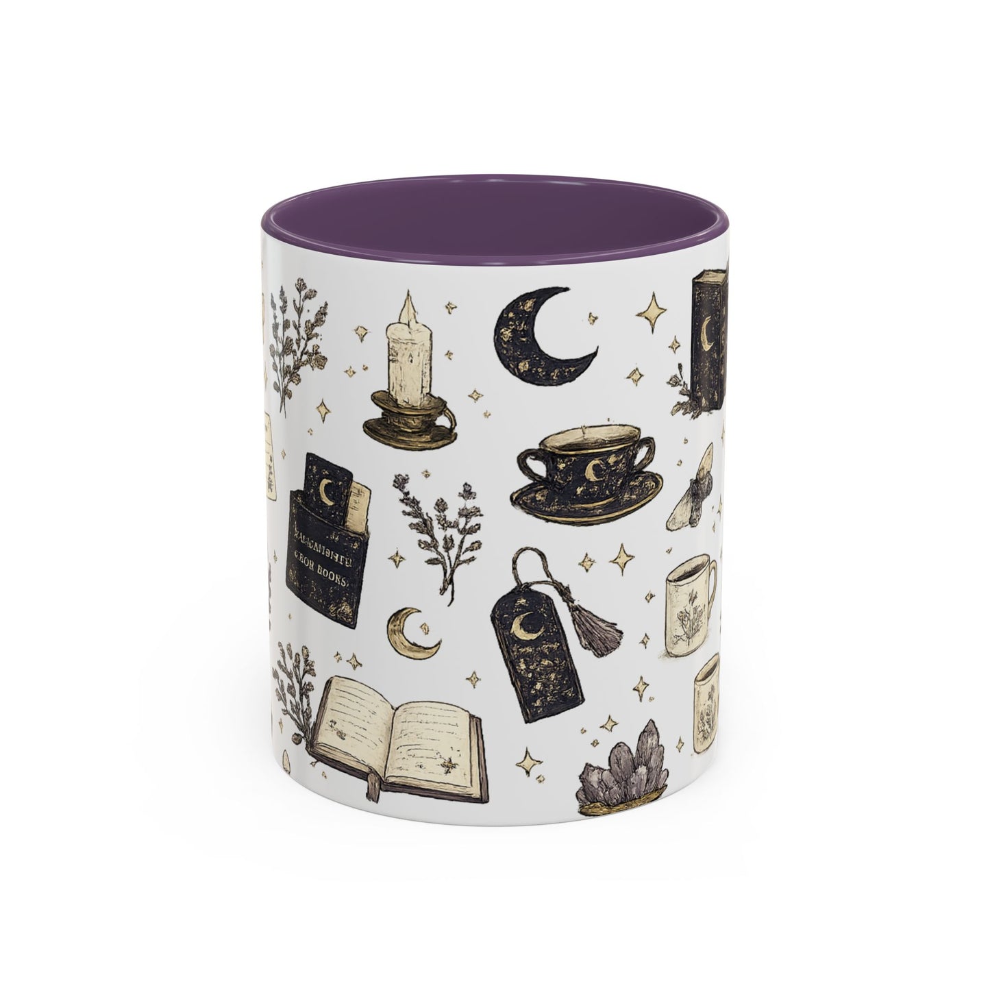 Mystic Tea & Books Accent Mug — Witchy Candle, Moon & Lantern Pattern (11/15 oz)