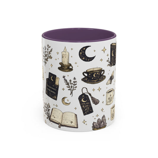 Mystic Tea & Books Accent Mug — Witchy Candle, Moon & Lantern Pattern (11/15 oz)