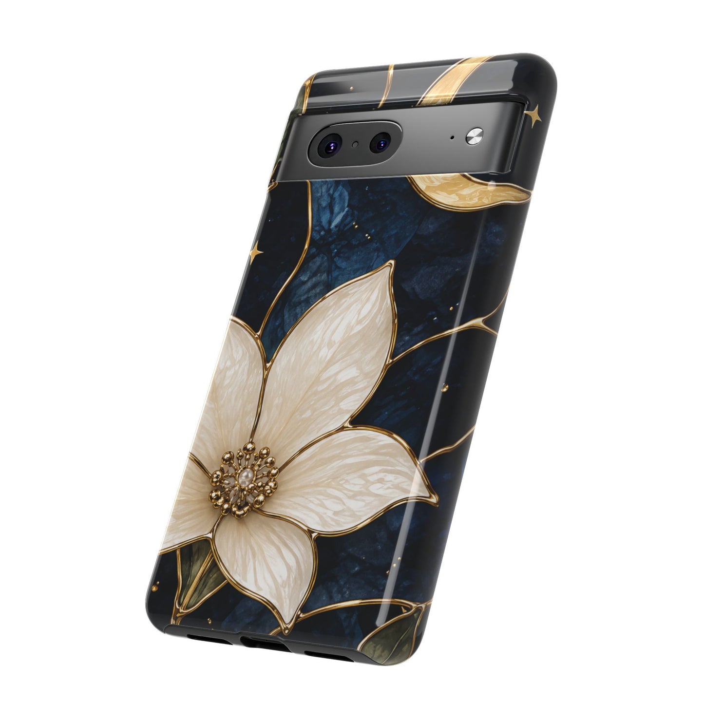 Midnight Blooms Floral Moon Tough Phone Case — Gold Crescent & White Blossom on Navy