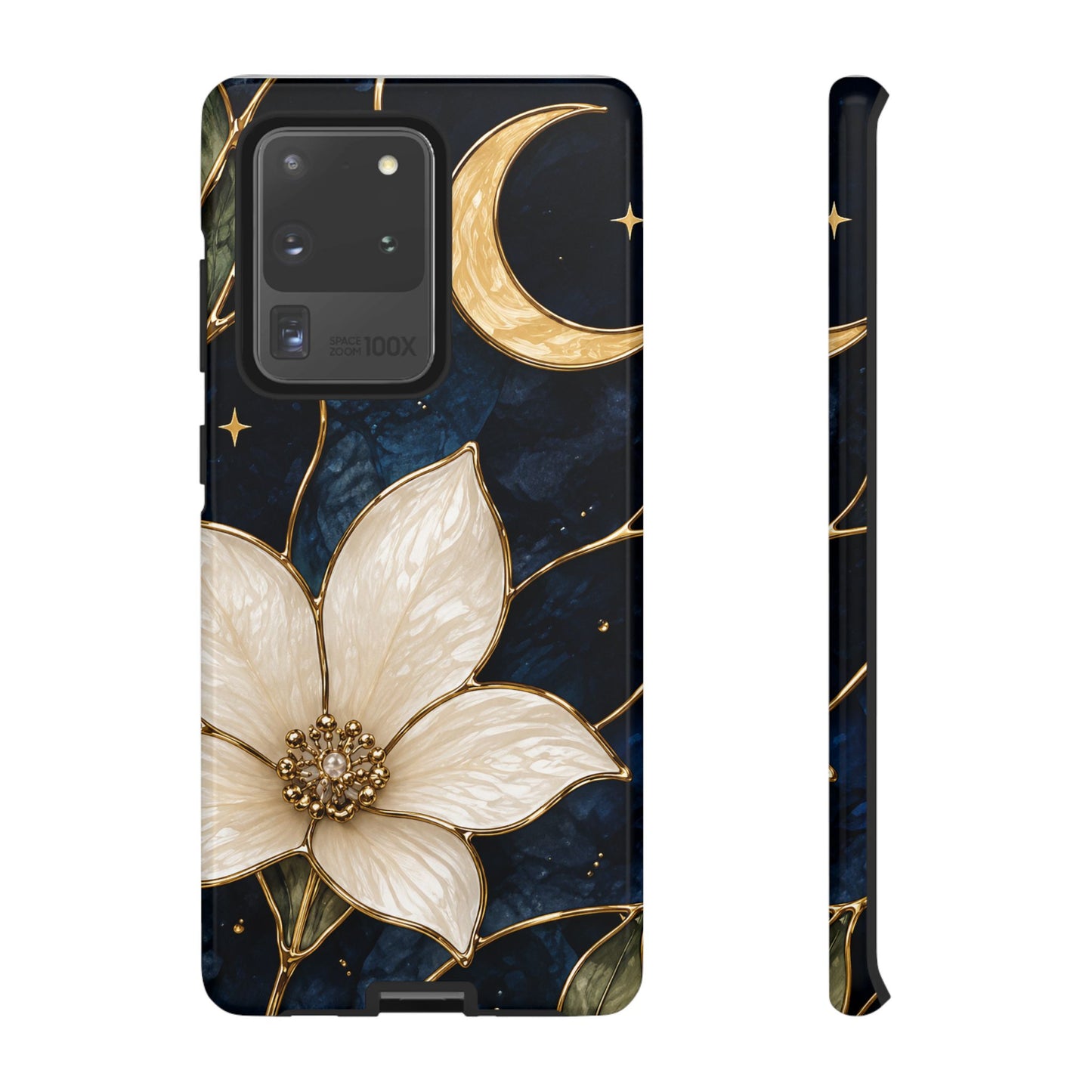 Midnight Blooms Floral Moon Tough Phone Case — Gold Crescent & White Blossom on Navy