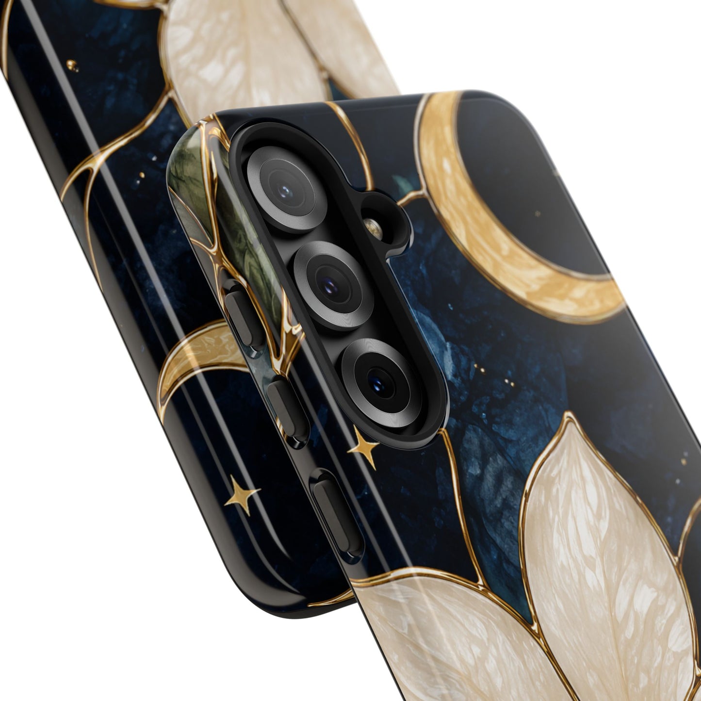 Midnight Blooms Floral Moon Tough Phone Case — Gold Crescent & White Blossom on Navy