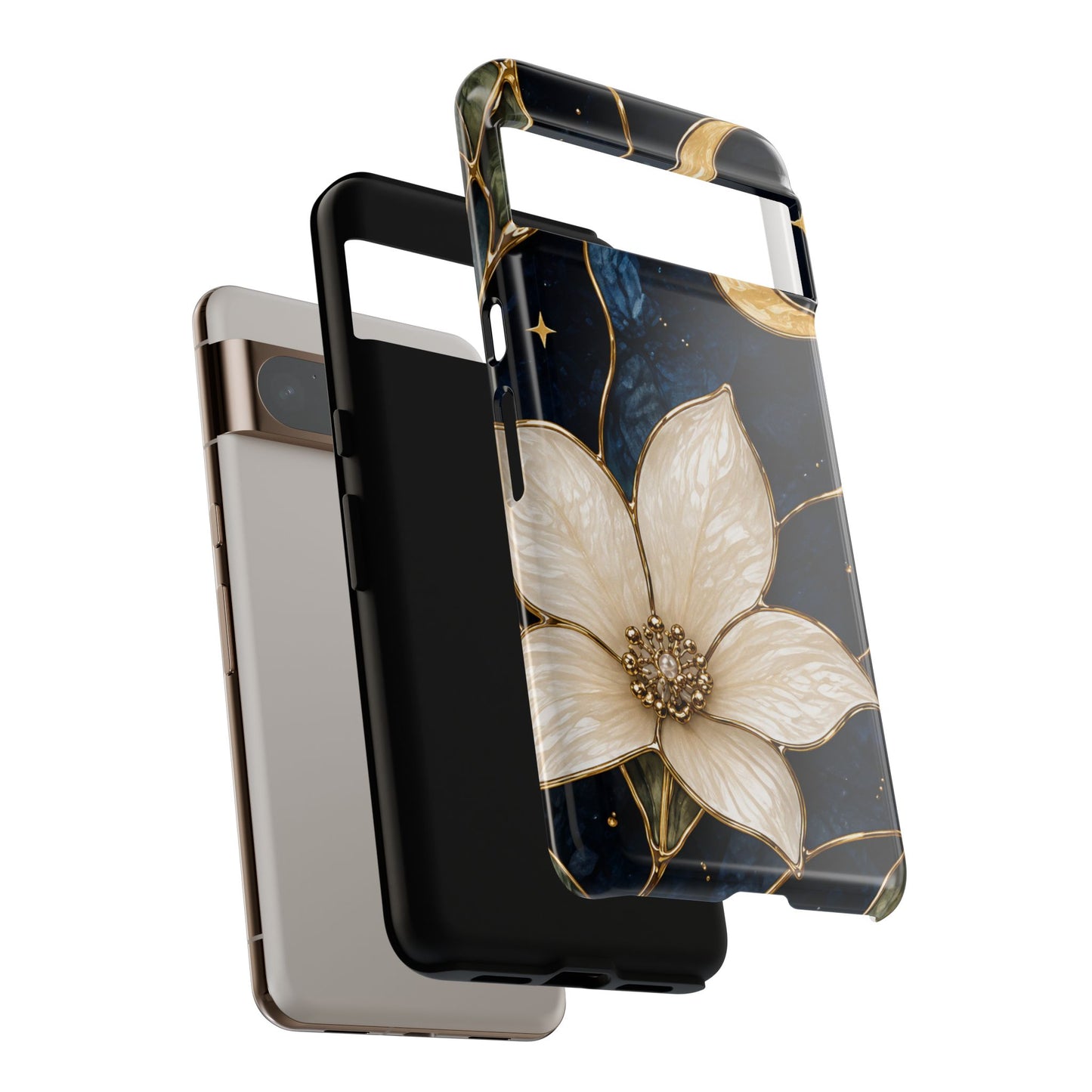 Midnight Blooms Floral Moon Tough Phone Case — Gold Crescent & White Blossom on Navy