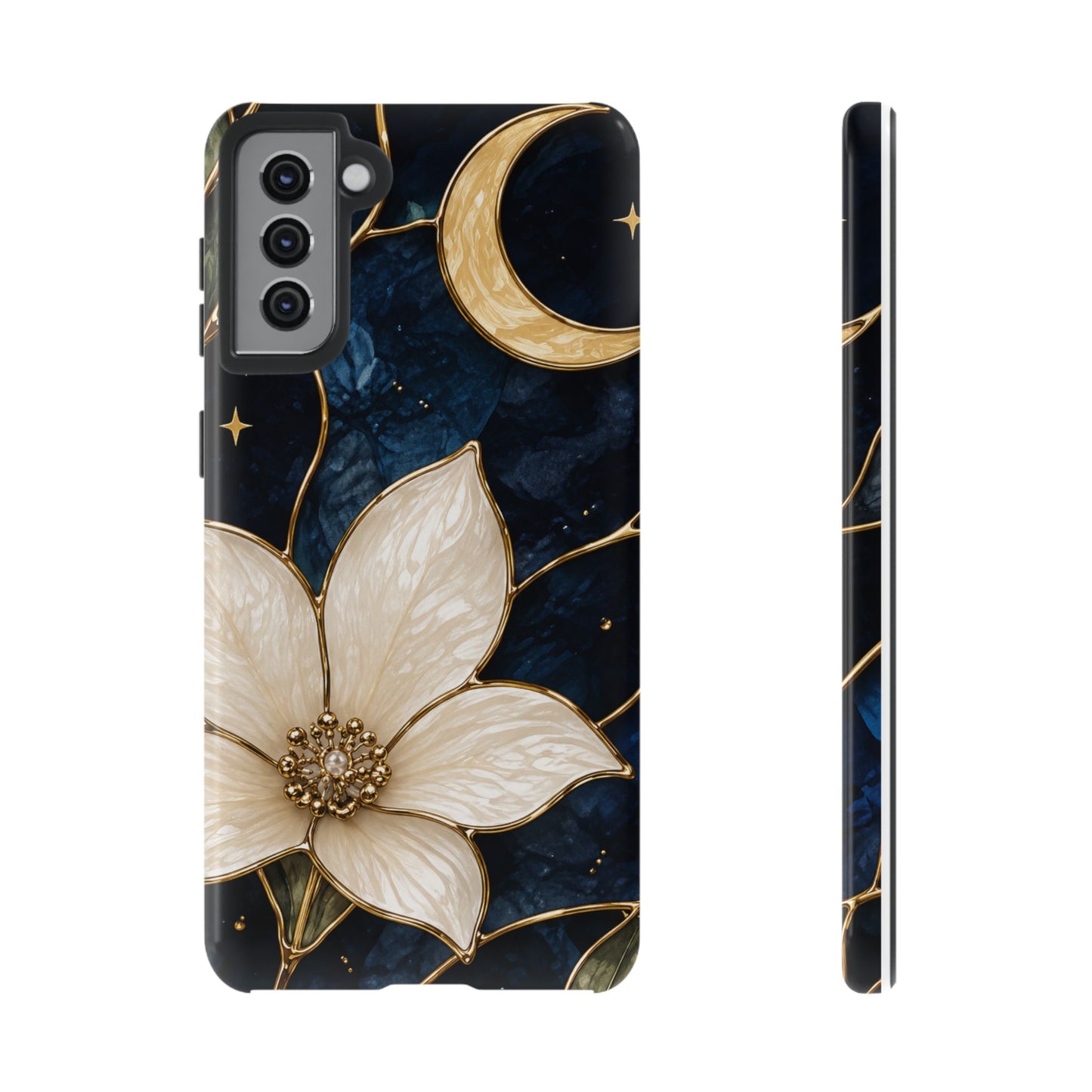 Midnight Blooms Floral Moon Tough Phone Case — Gold Crescent & White Blossom on Navy