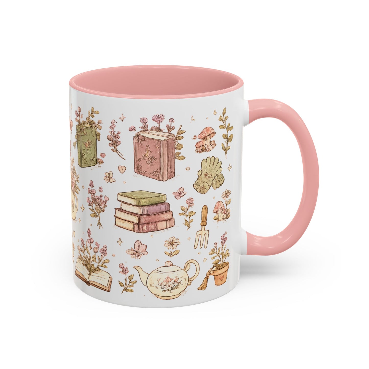 Floral Books & Tea Accent Coffee Mug — Pink Interior 11/15 oz