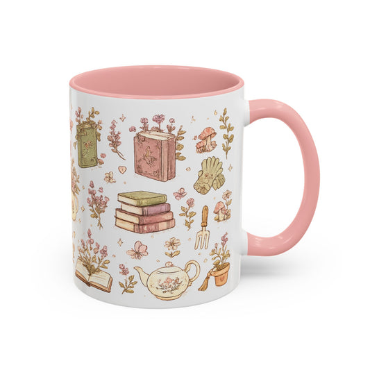 Floral Books & Tea Accent Coffee Mug — Pink Interior 11/15 oz