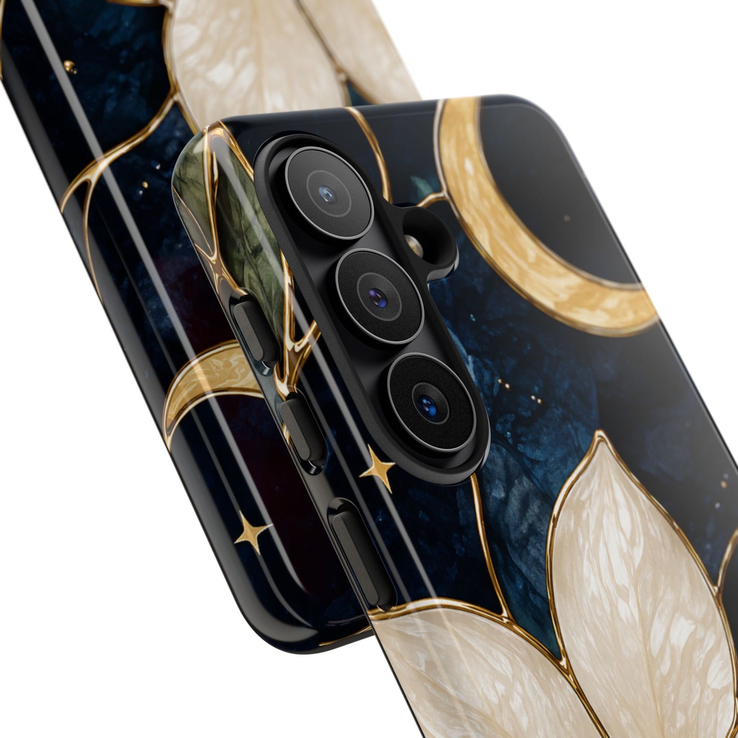 Midnight Blooms Floral Moon Tough Phone Case — Gold Crescent & White Blossom on Navy