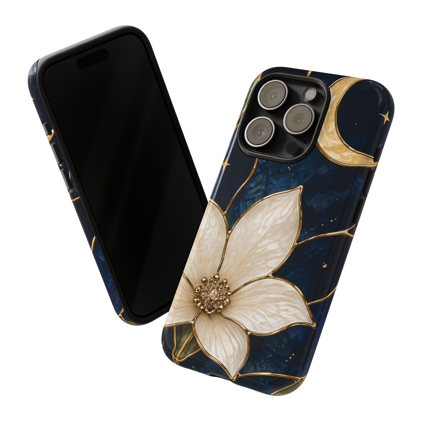Midnight Blooms Floral Moon Tough Phone Case — Gold Crescent & White Blossom on Navy