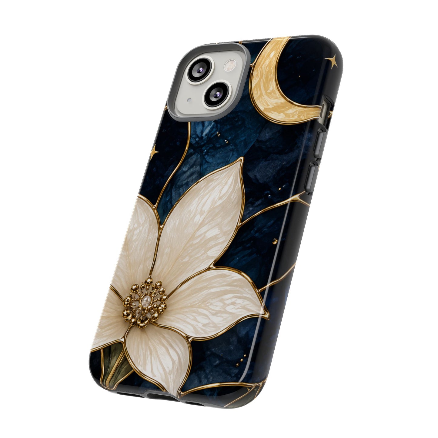 Midnight Blooms Floral Moon Tough Phone Case — Gold Crescent & White Blossom on Navy