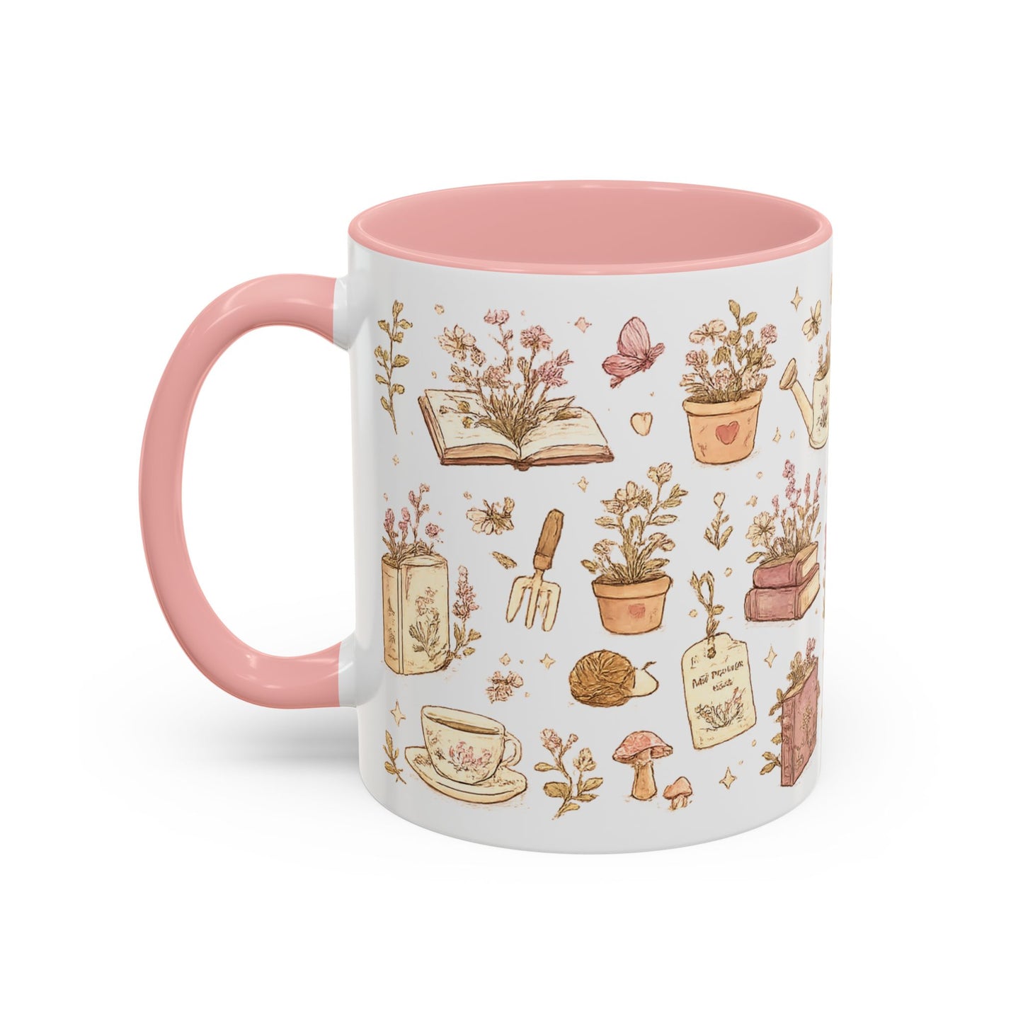 Floral Books & Tea Accent Coffee Mug — Pink Interior 11/15 oz