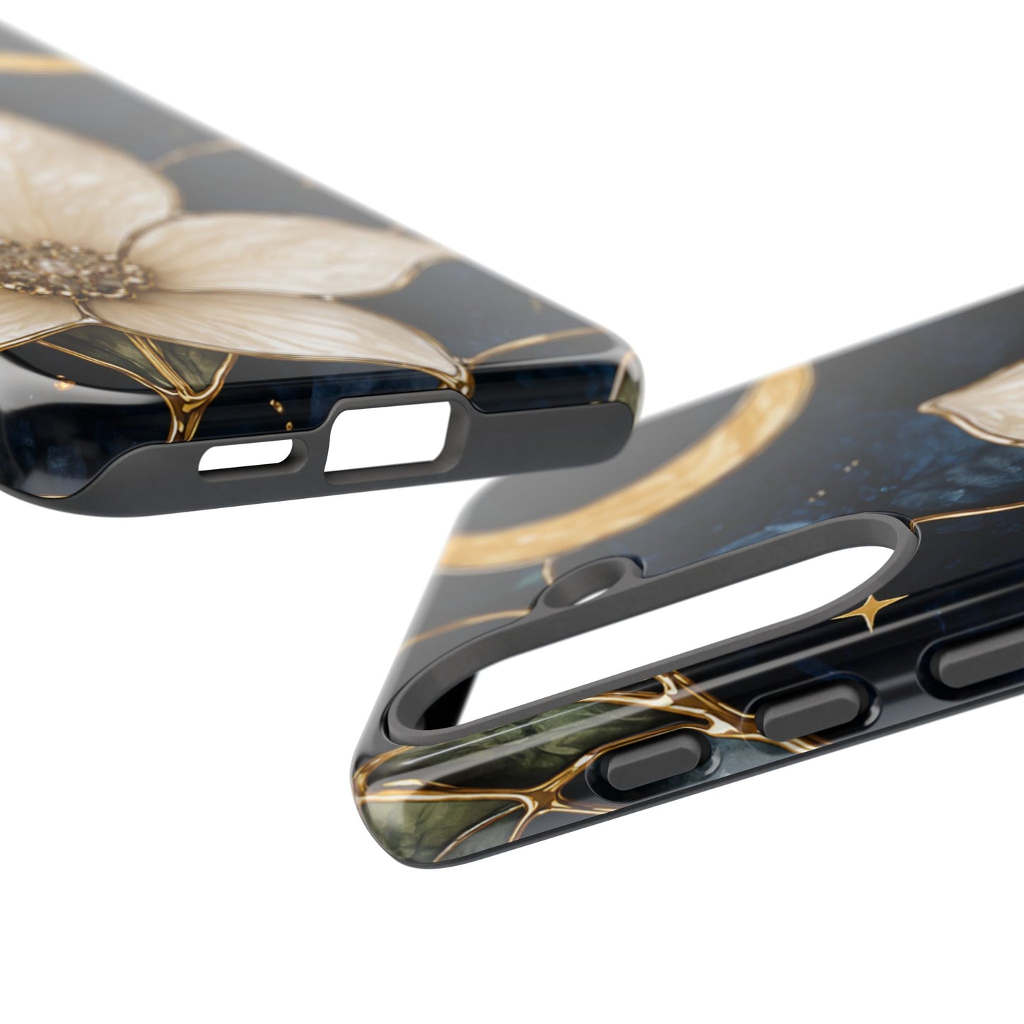 Midnight Blooms Floral Moon Tough Phone Case — Gold Crescent & White Blossom on Navy