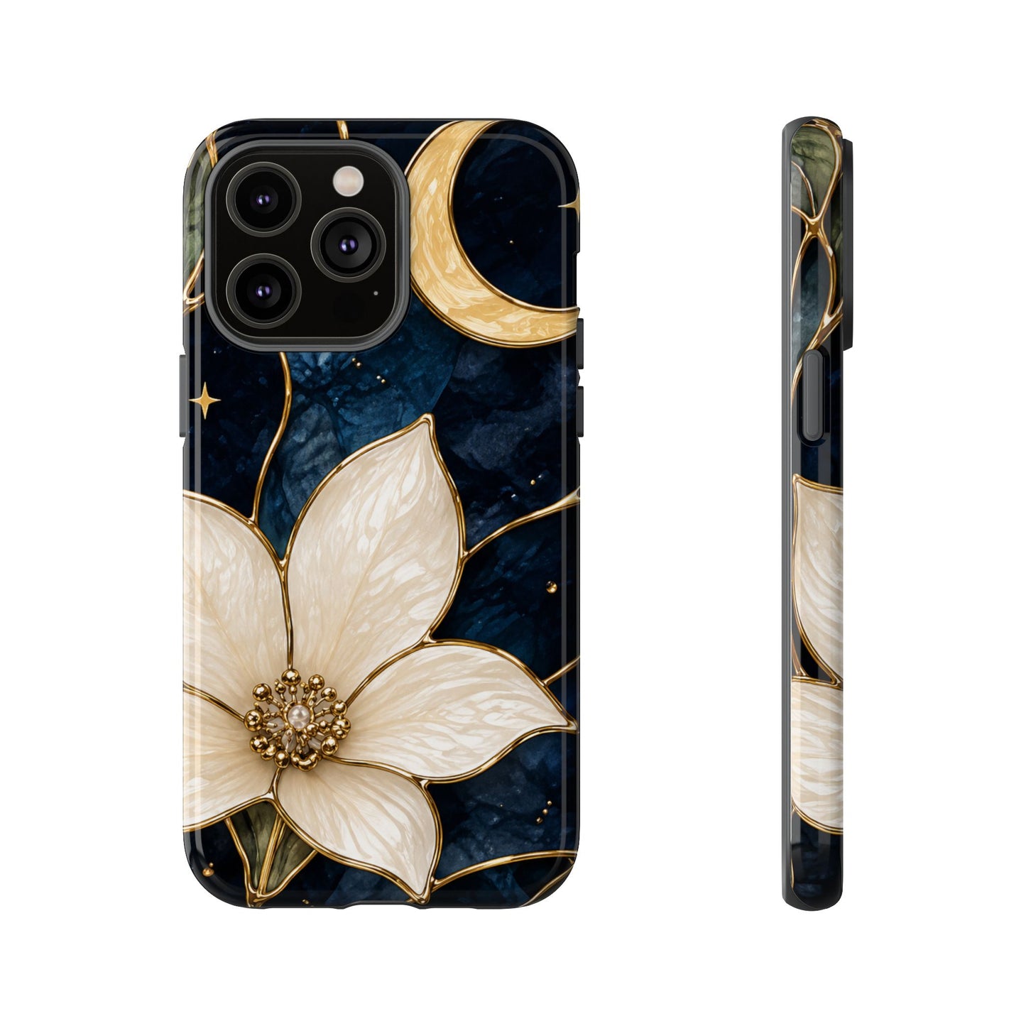 Midnight Blooms Floral Moon Tough Phone Case — Gold Crescent & White Blossom on Navy