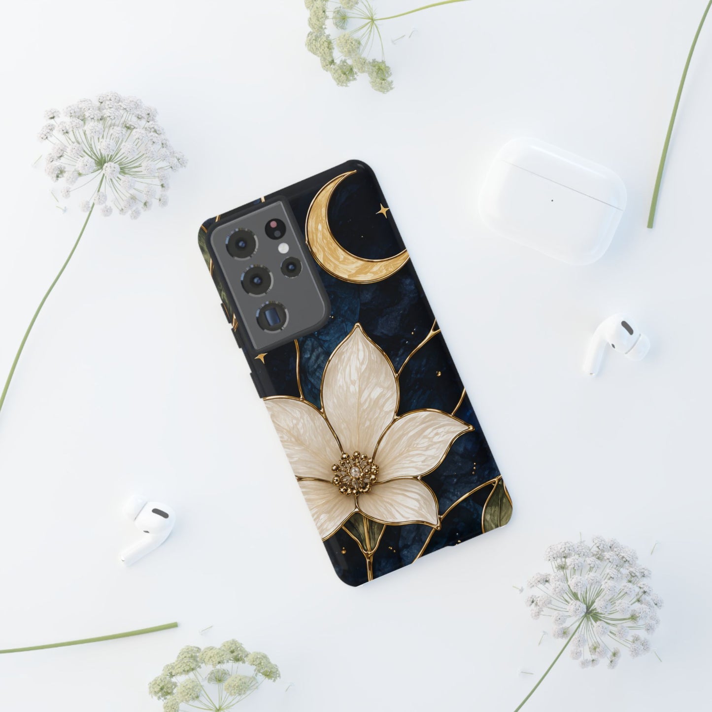Midnight Blooms Floral Moon Tough Phone Case — Gold Crescent & White Blossom on Navy