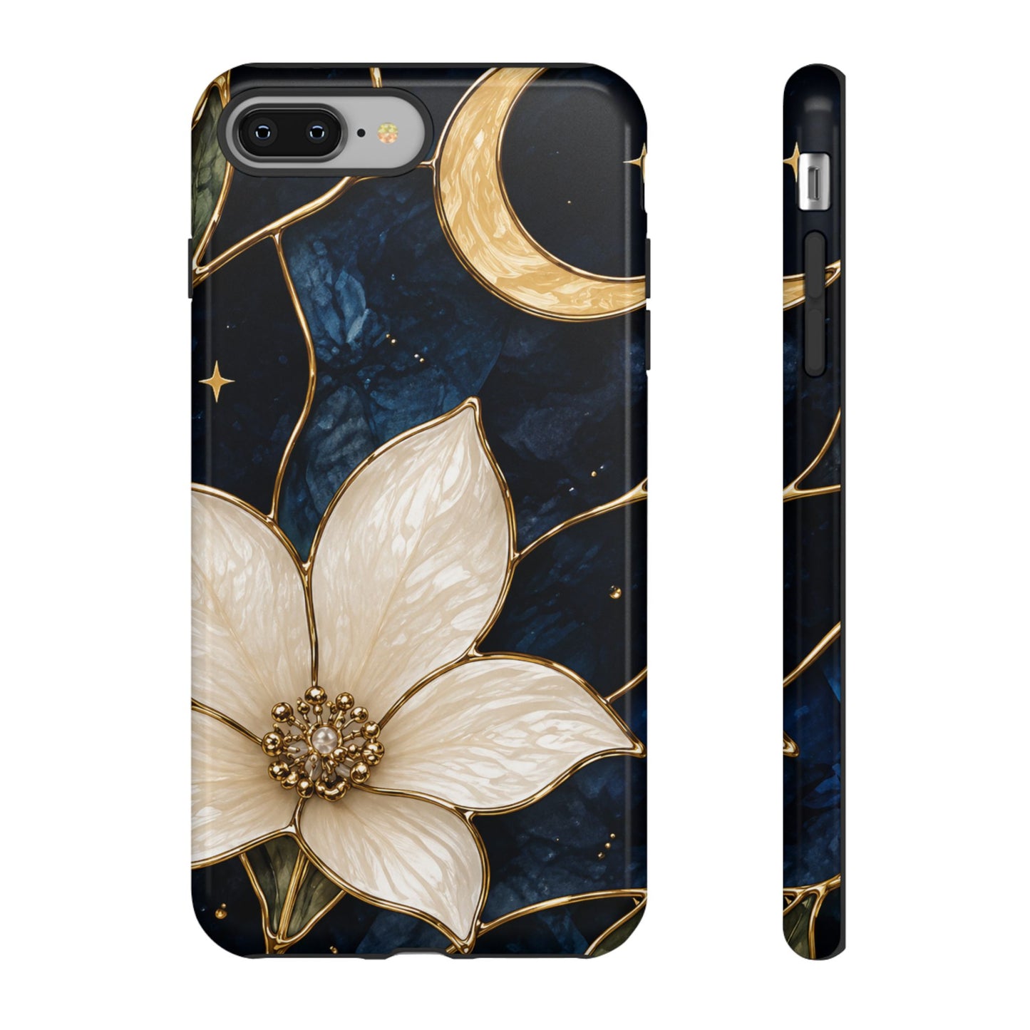 Midnight Blooms Floral Moon Tough Phone Case — Gold Crescent & White Blossom on Navy