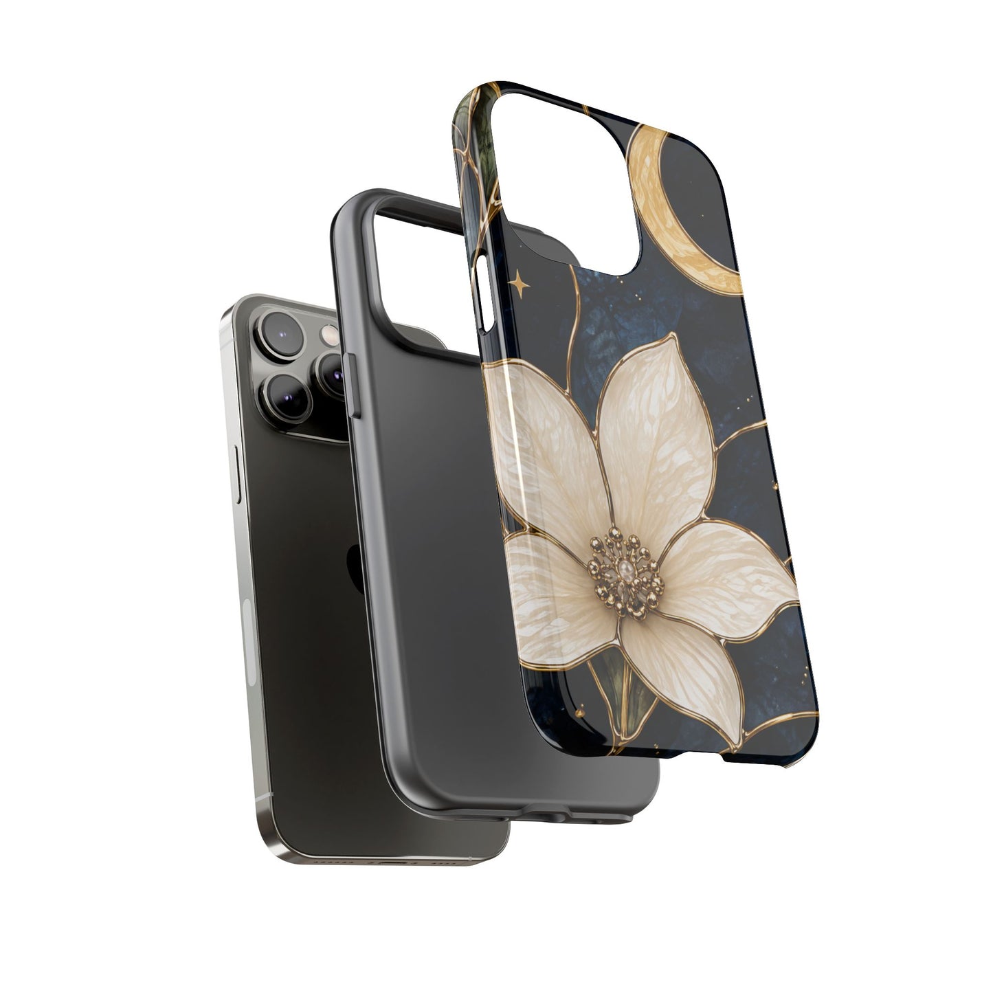 Midnight Blooms Floral Moon Tough Phone Case — Gold Crescent & White Blossom on Navy