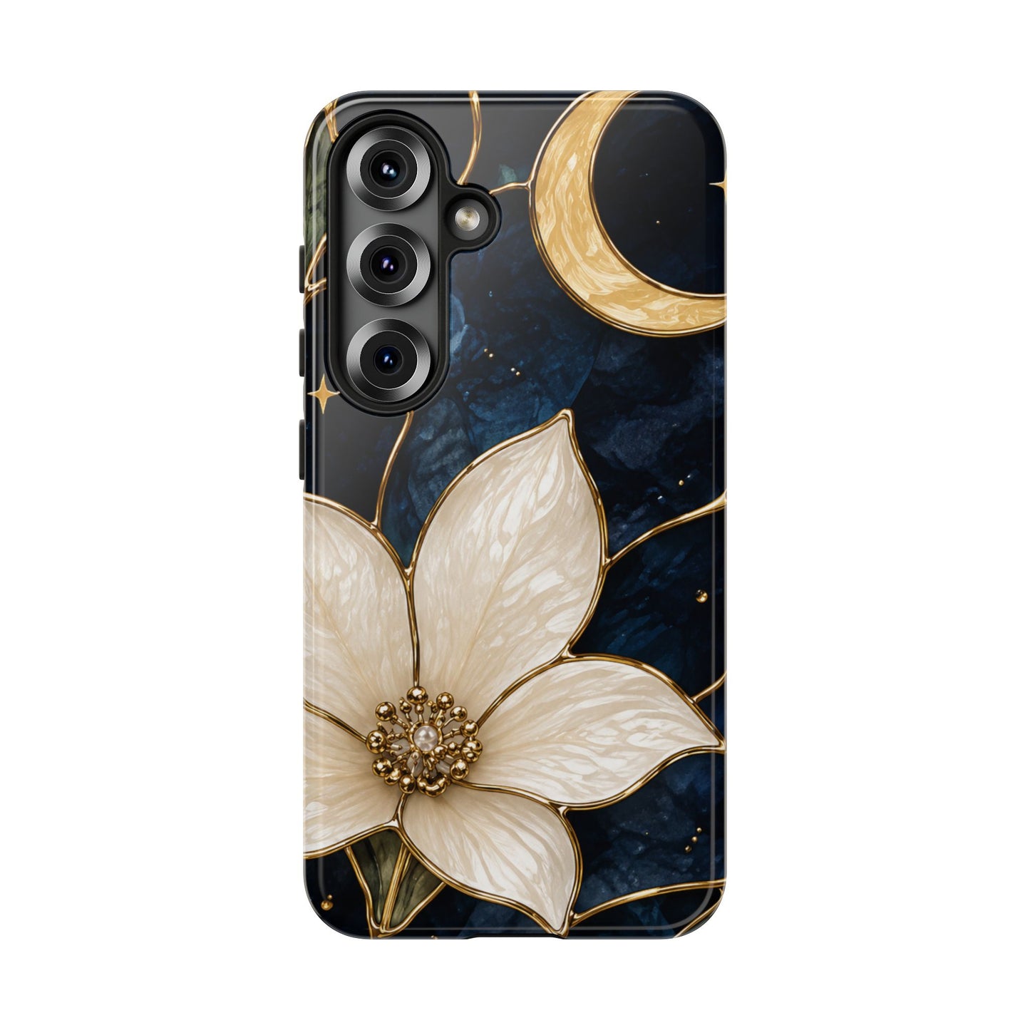 Midnight Blooms Floral Moon Tough Phone Case — Gold Crescent & White Blossom on Navy
