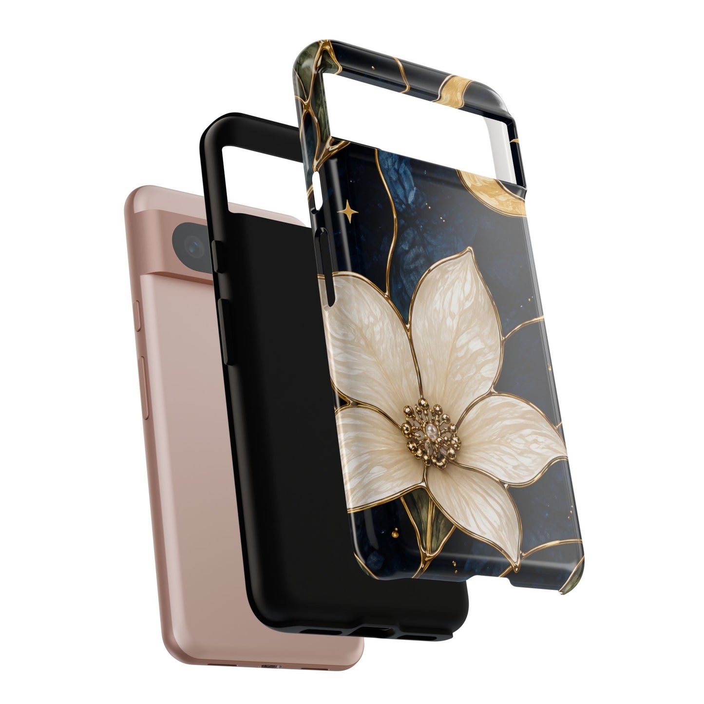 Midnight Blooms Floral Moon Tough Phone Case — Gold Crescent & White Blossom on Navy
