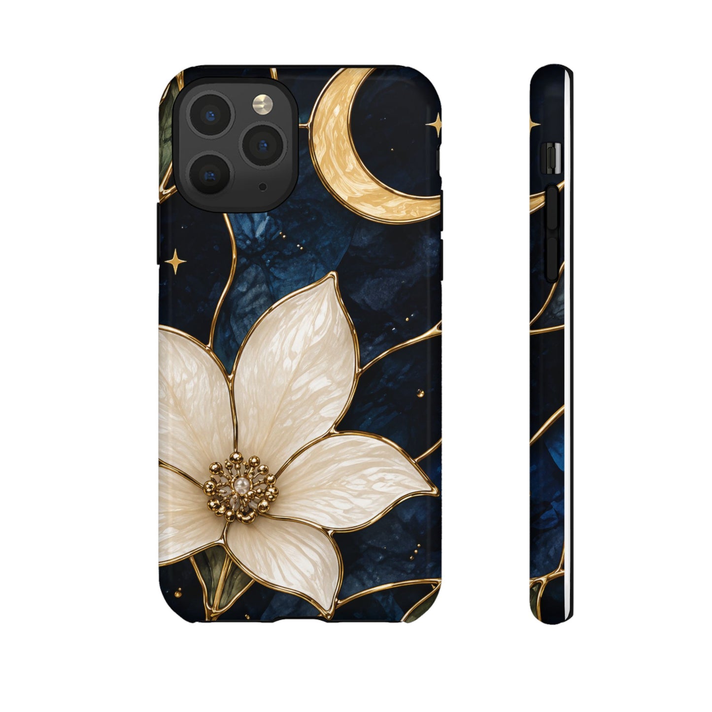 Midnight Blooms Floral Moon Tough Phone Case — Gold Crescent & White Blossom on Navy