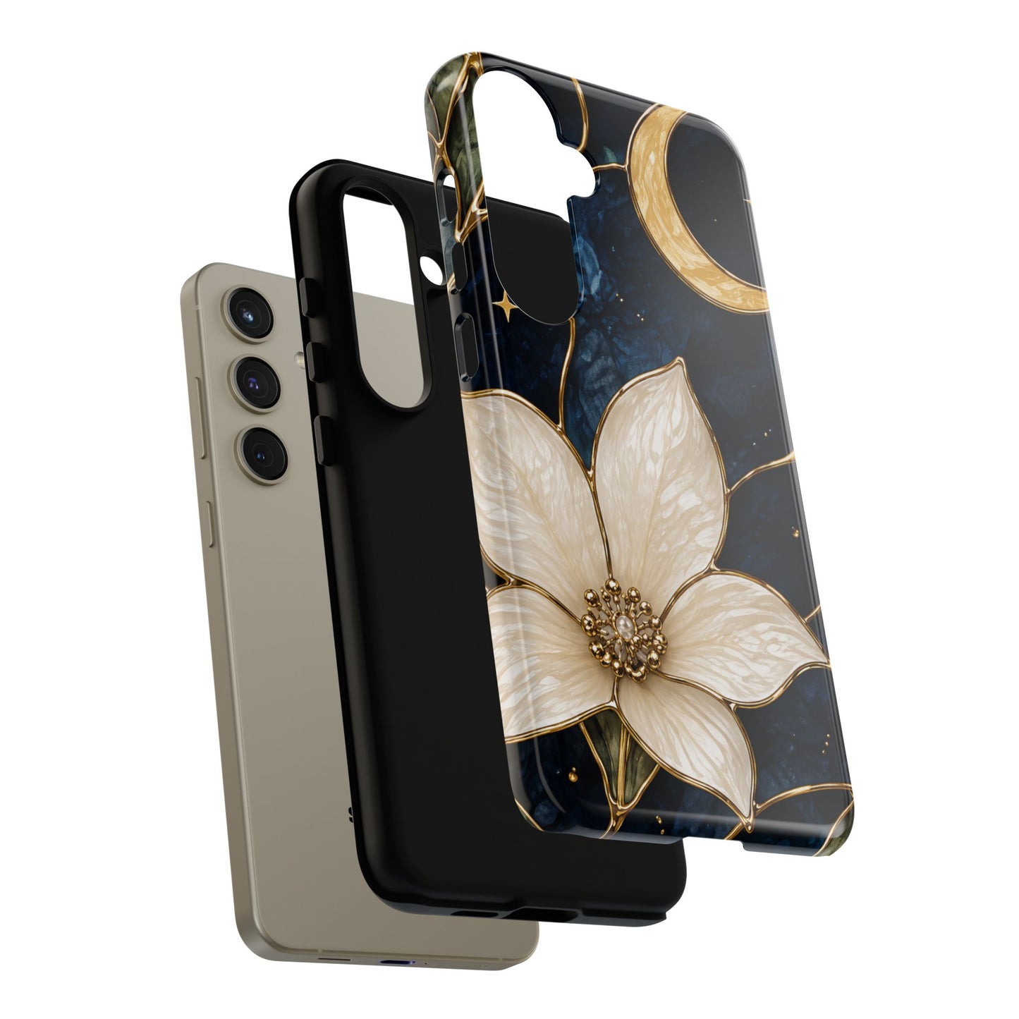Midnight Blooms Floral Moon Tough Phone Case — Gold Crescent & White Blossom on Navy