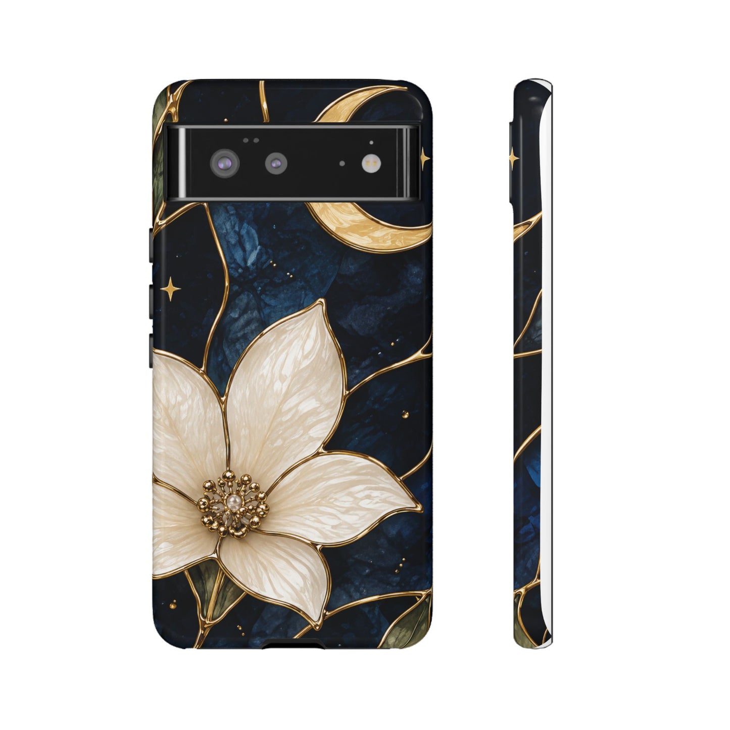 Midnight Blooms Floral Moon Tough Phone Case — Gold Crescent & White Blossom on Navy