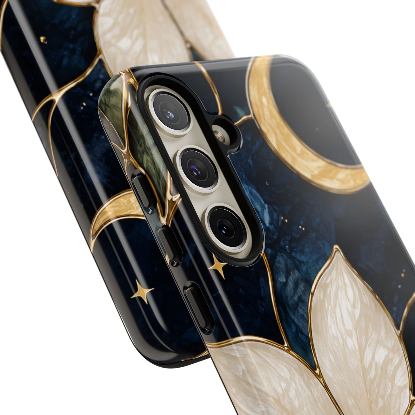 Midnight Blooms Floral Moon Tough Phone Case — Gold Crescent & White Blossom on Navy