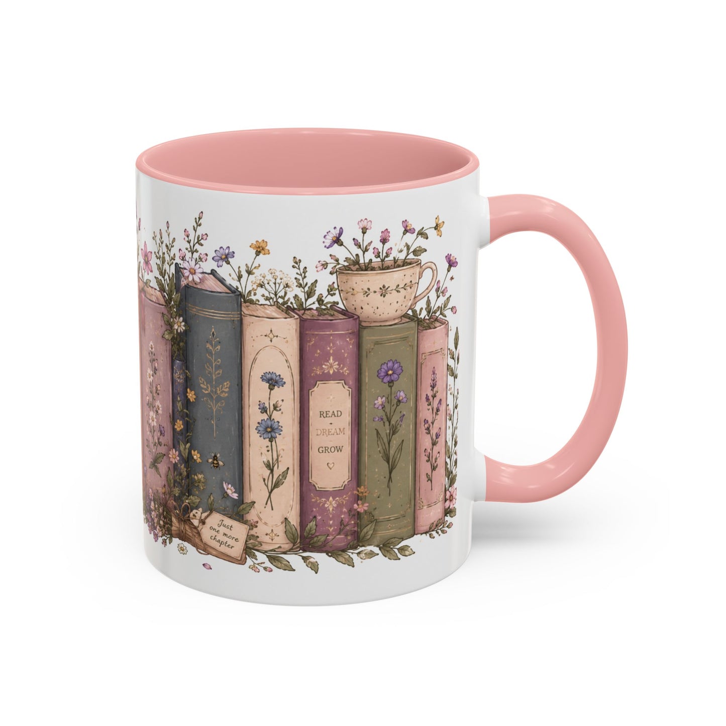 Floral Vintage Books Coffee Mug — Pink Accent Novel Lover Gift