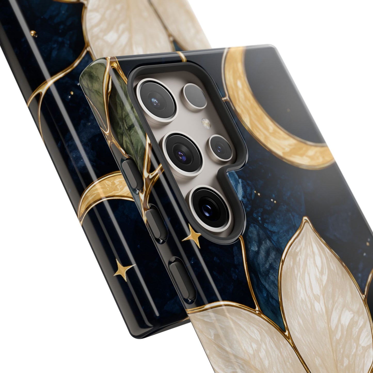 Midnight Blooms Floral Moon Tough Phone Case — Gold Crescent & White Blossom on Navy