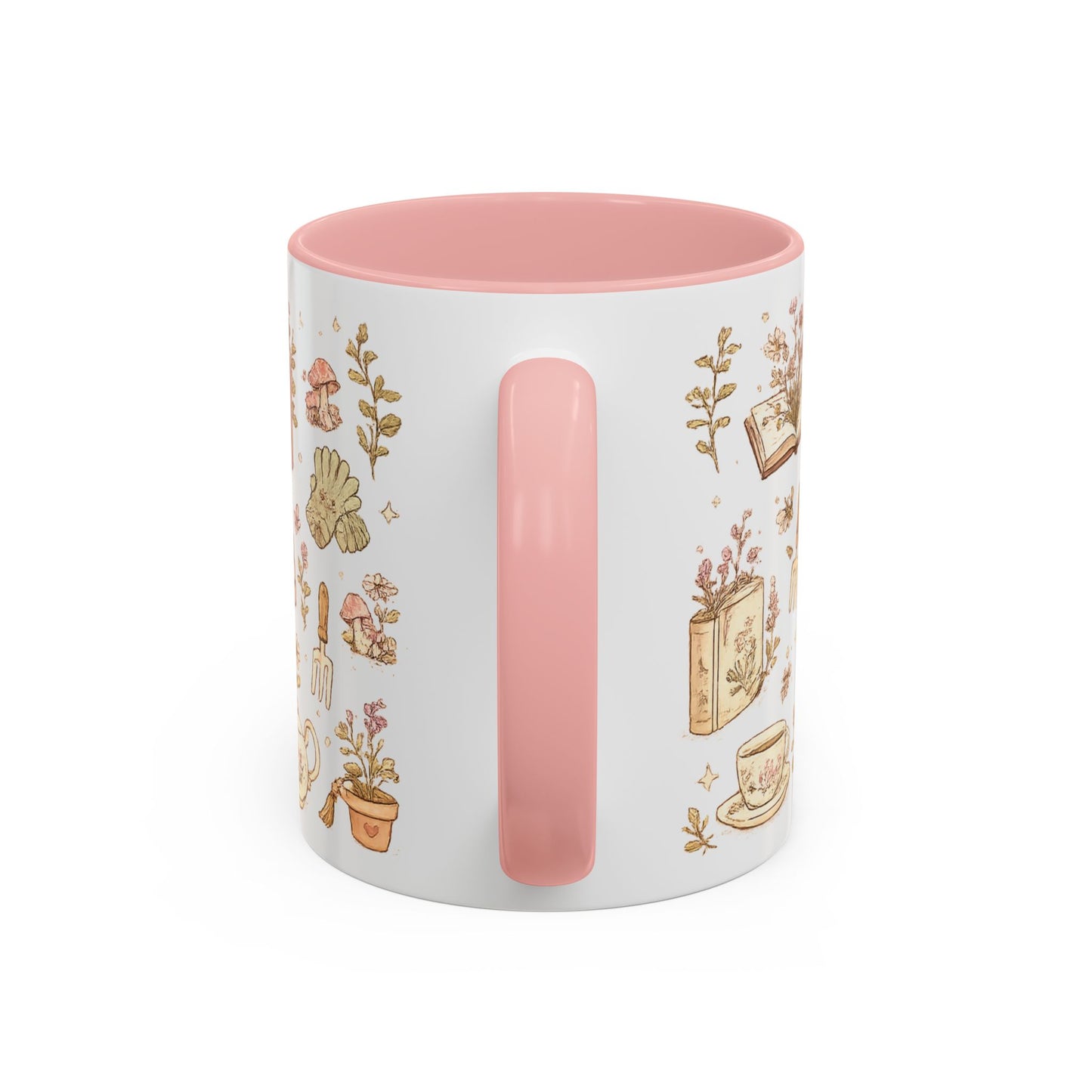 Floral Books & Tea Accent Coffee Mug — Pink Interior 11/15 oz