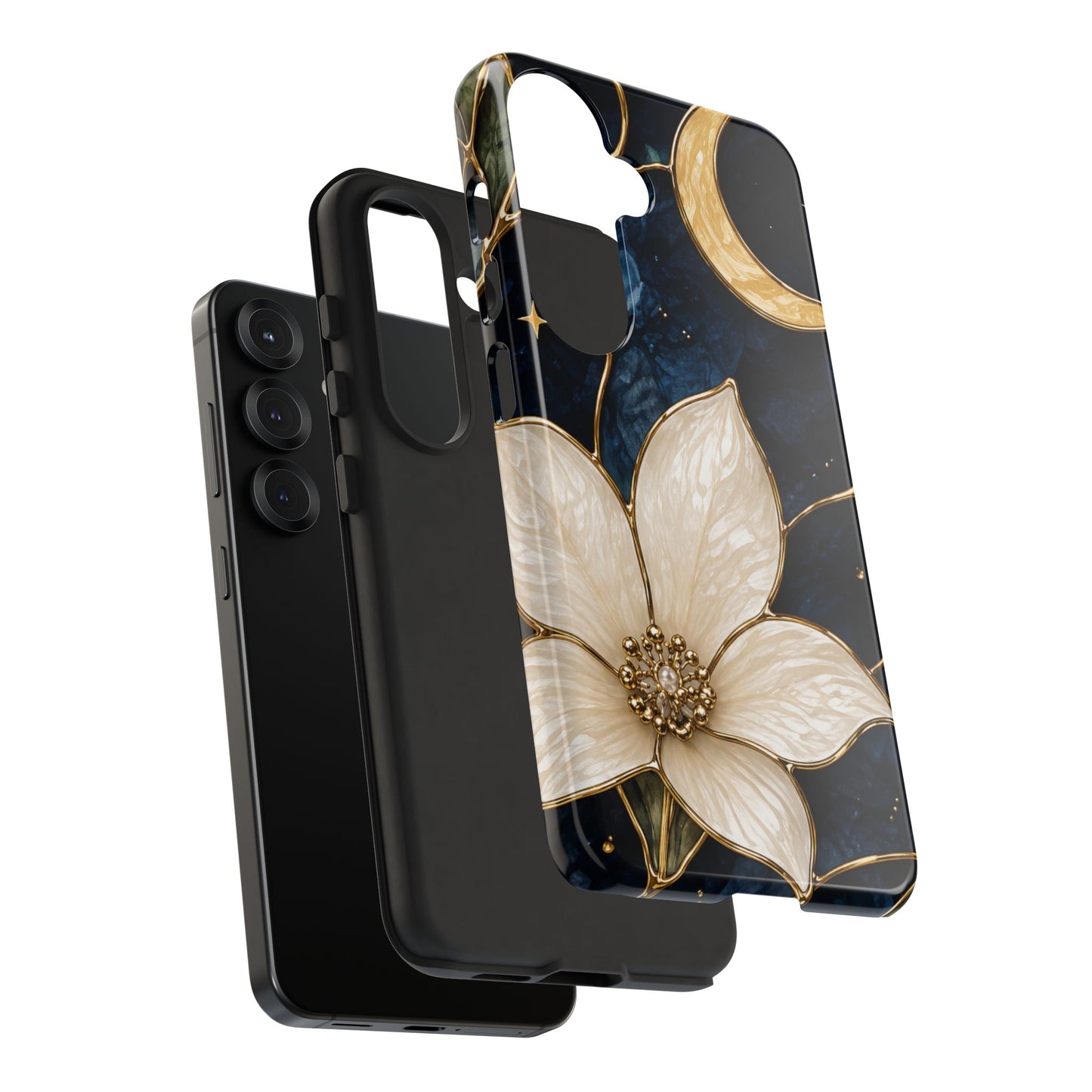 Midnight Blooms Floral Moon Tough Phone Case — Gold Crescent & White Blossom on Navy