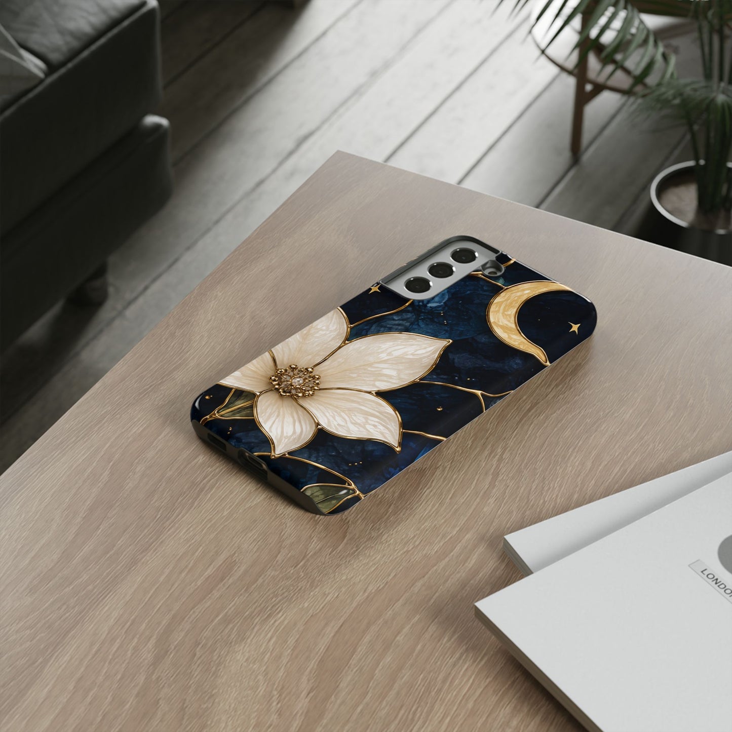 Midnight Blooms Floral Moon Tough Phone Case — Gold Crescent & White Blossom on Navy