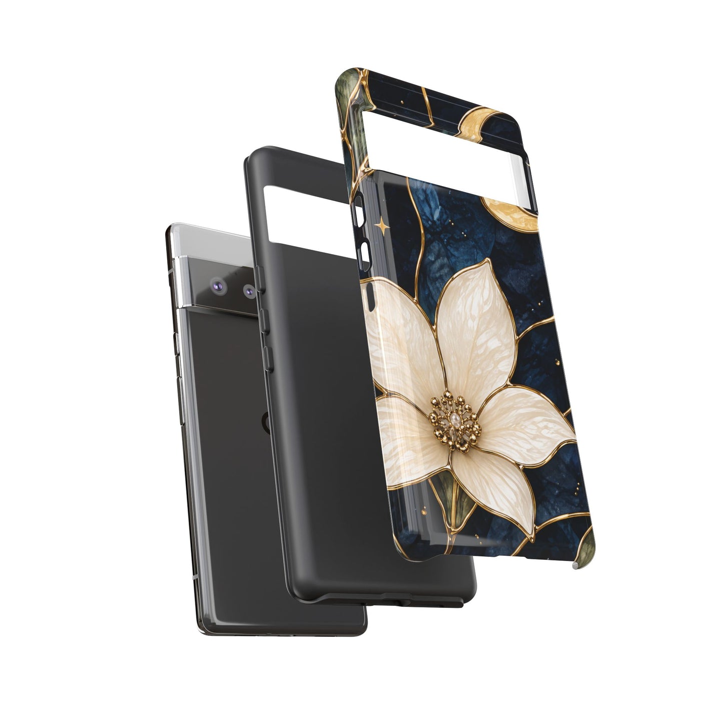 Midnight Blooms Floral Moon Tough Phone Case — Gold Crescent & White Blossom on Navy