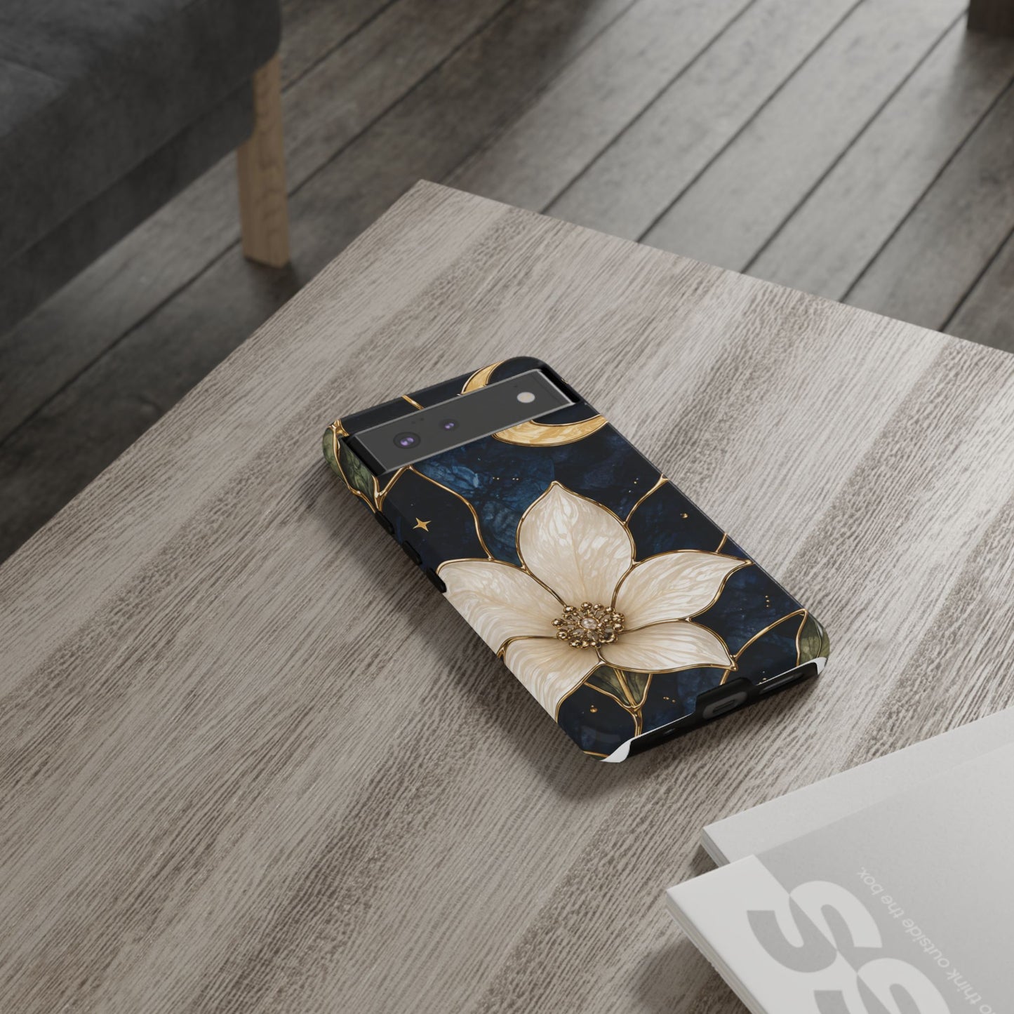 Midnight Blooms Floral Moon Tough Phone Case — Gold Crescent & White Blossom on Navy