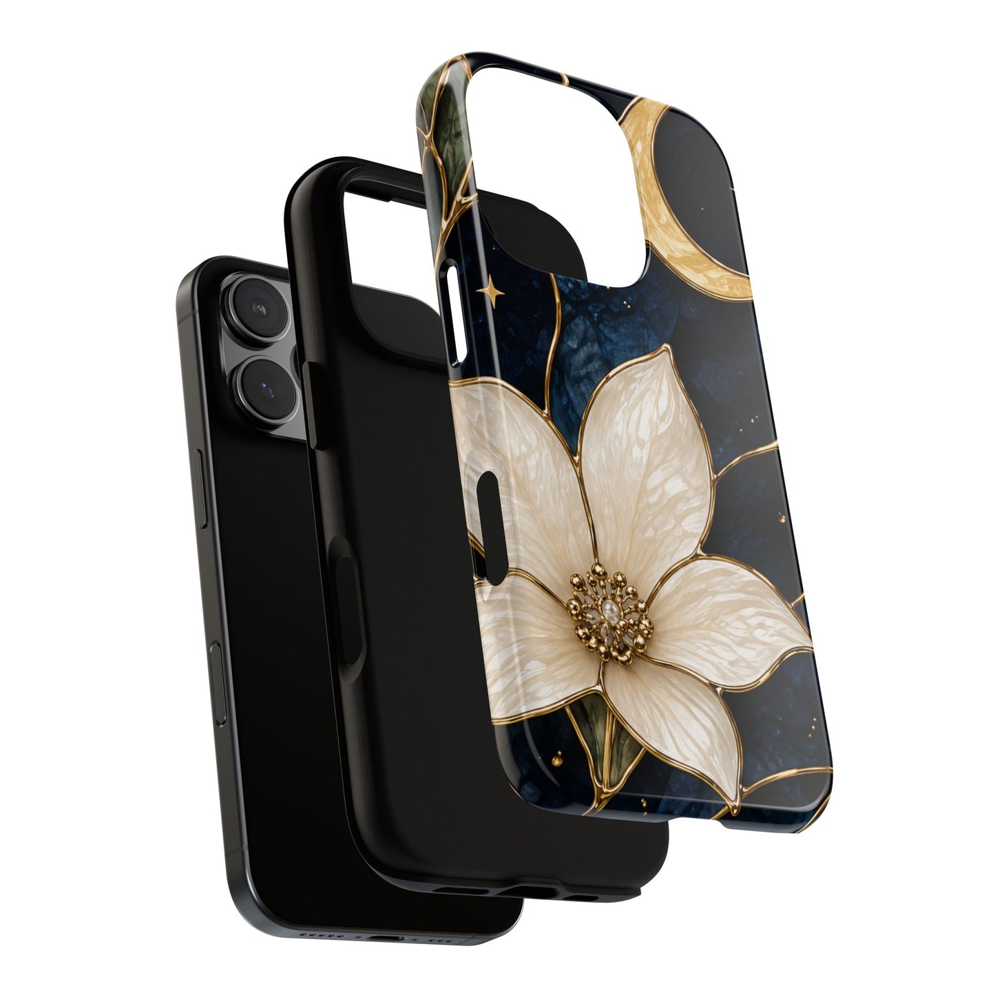 Midnight Blooms Floral Moon Tough Phone Case — Gold Crescent & White Blossom on Navy