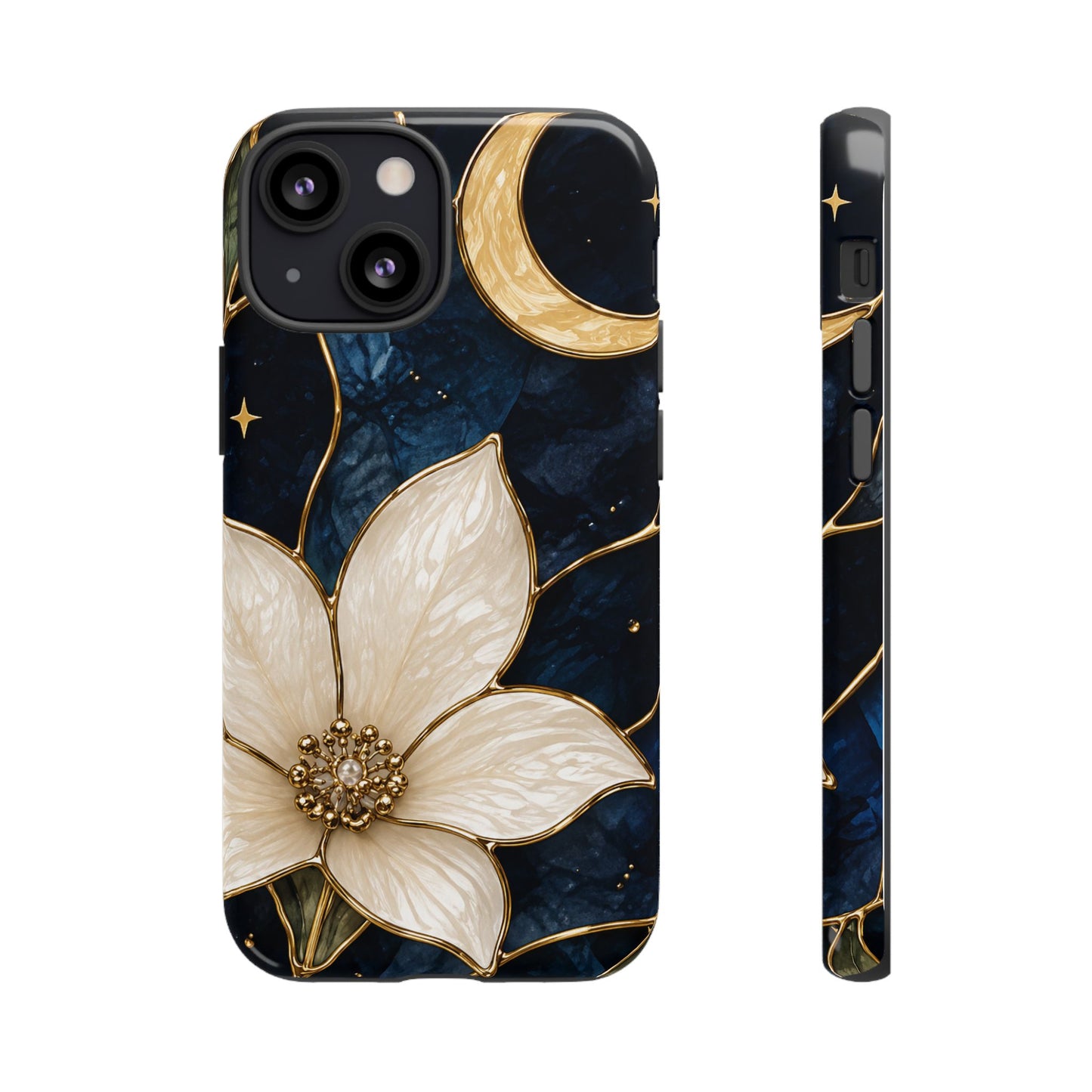 Midnight Blooms Floral Moon Tough Phone Case — Gold Crescent & White Blossom on Navy