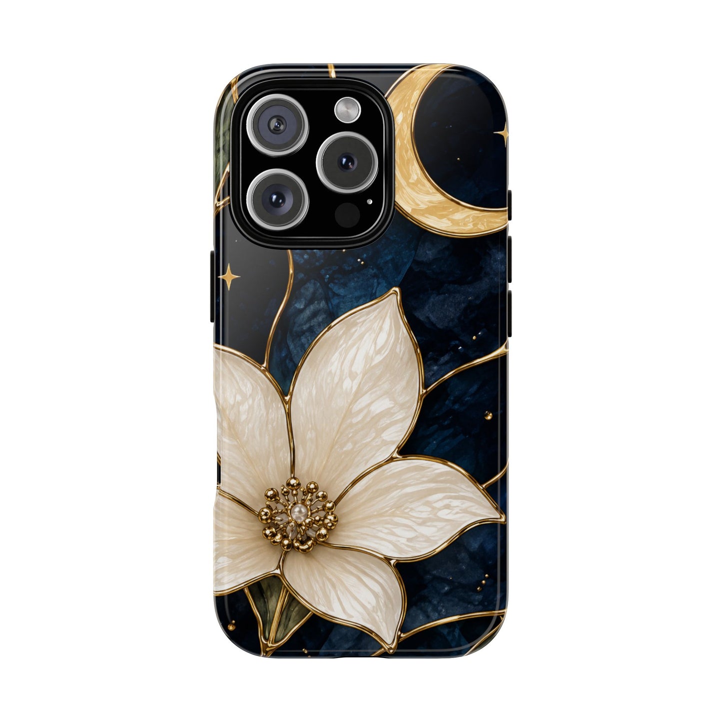 Midnight Blooms Floral Moon Tough Phone Case — Gold Crescent & White Blossom on Navy