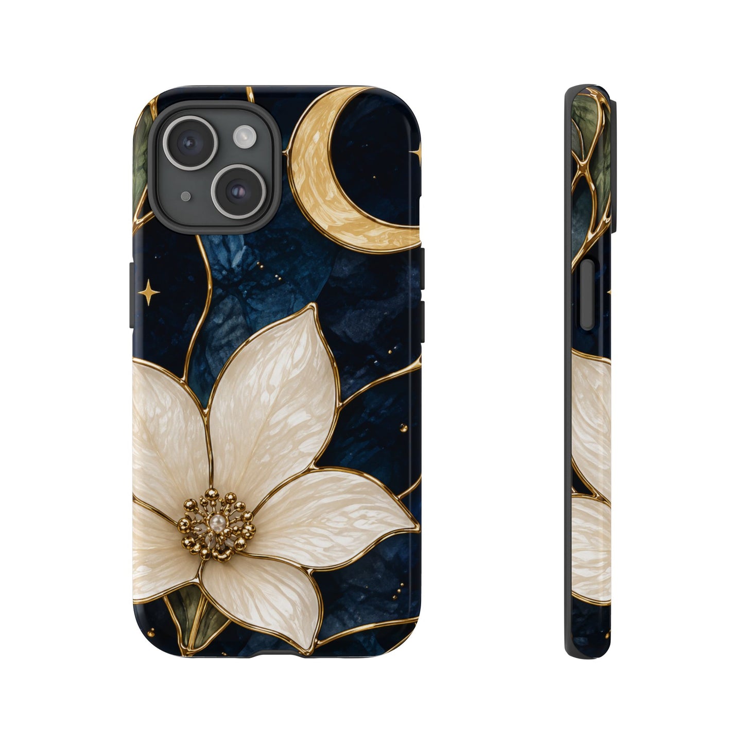 Midnight Blooms Floral Moon Tough Phone Case — Gold Crescent & White Blossom on Navy