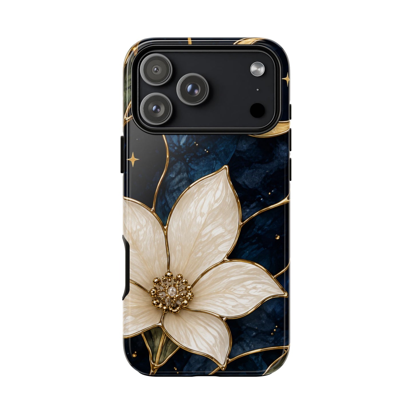 Midnight Blooms Floral Moon Tough Phone Case — Gold Crescent & White Blossom on Navy