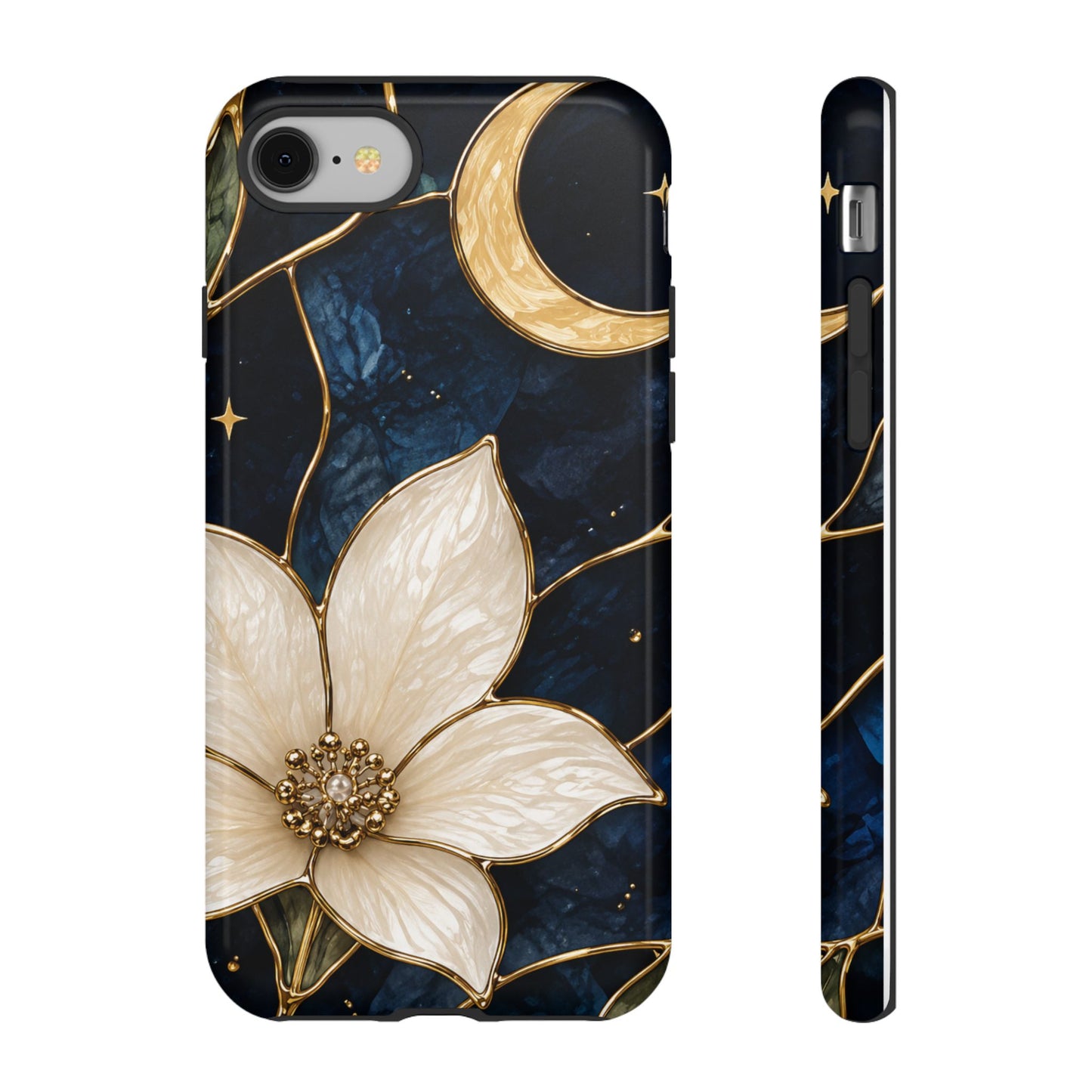 Midnight Blooms Floral Moon Tough Phone Case — Gold Crescent & White Blossom on Navy
