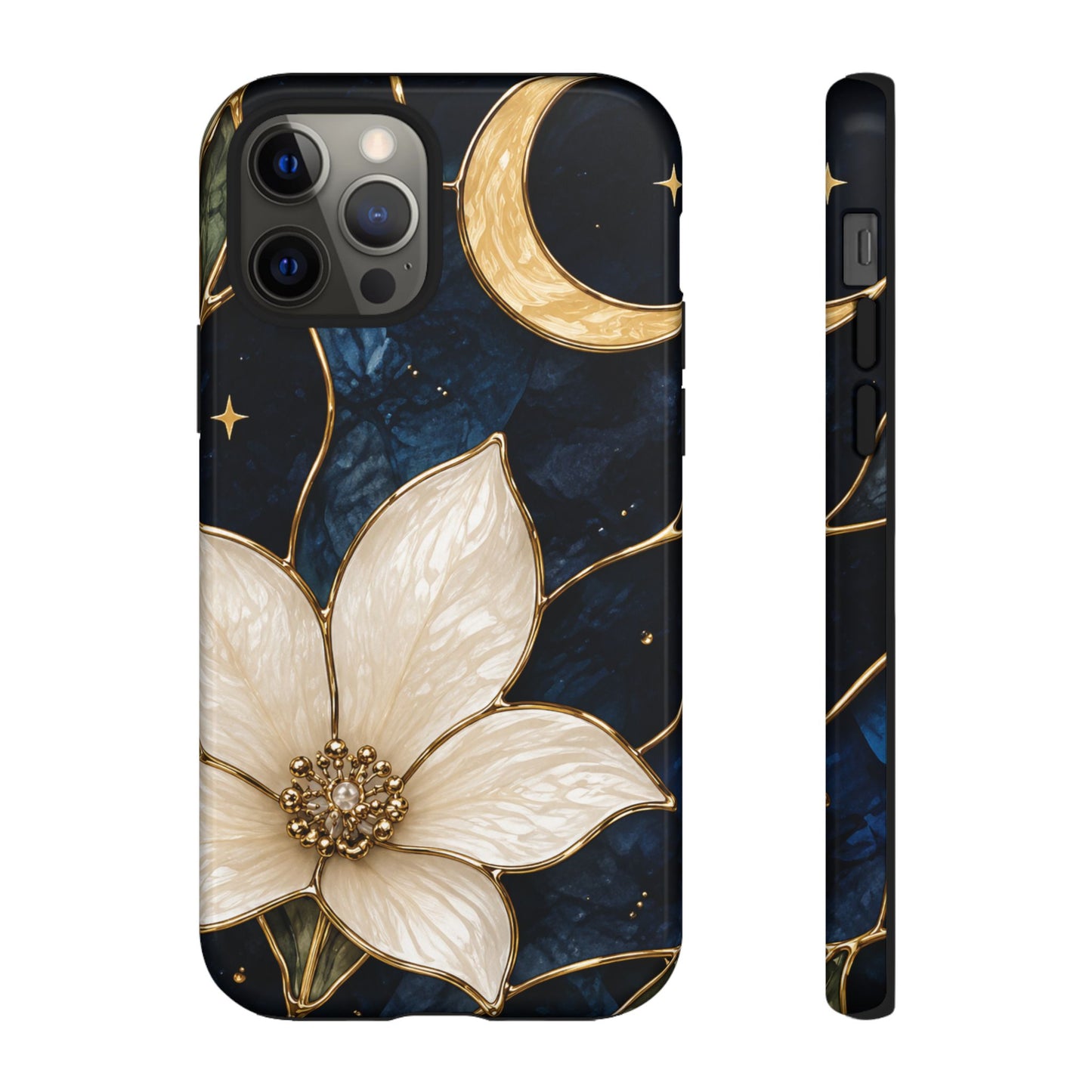 Midnight Blooms Floral Moon Tough Phone Case — Gold Crescent & White Blossom on Navy