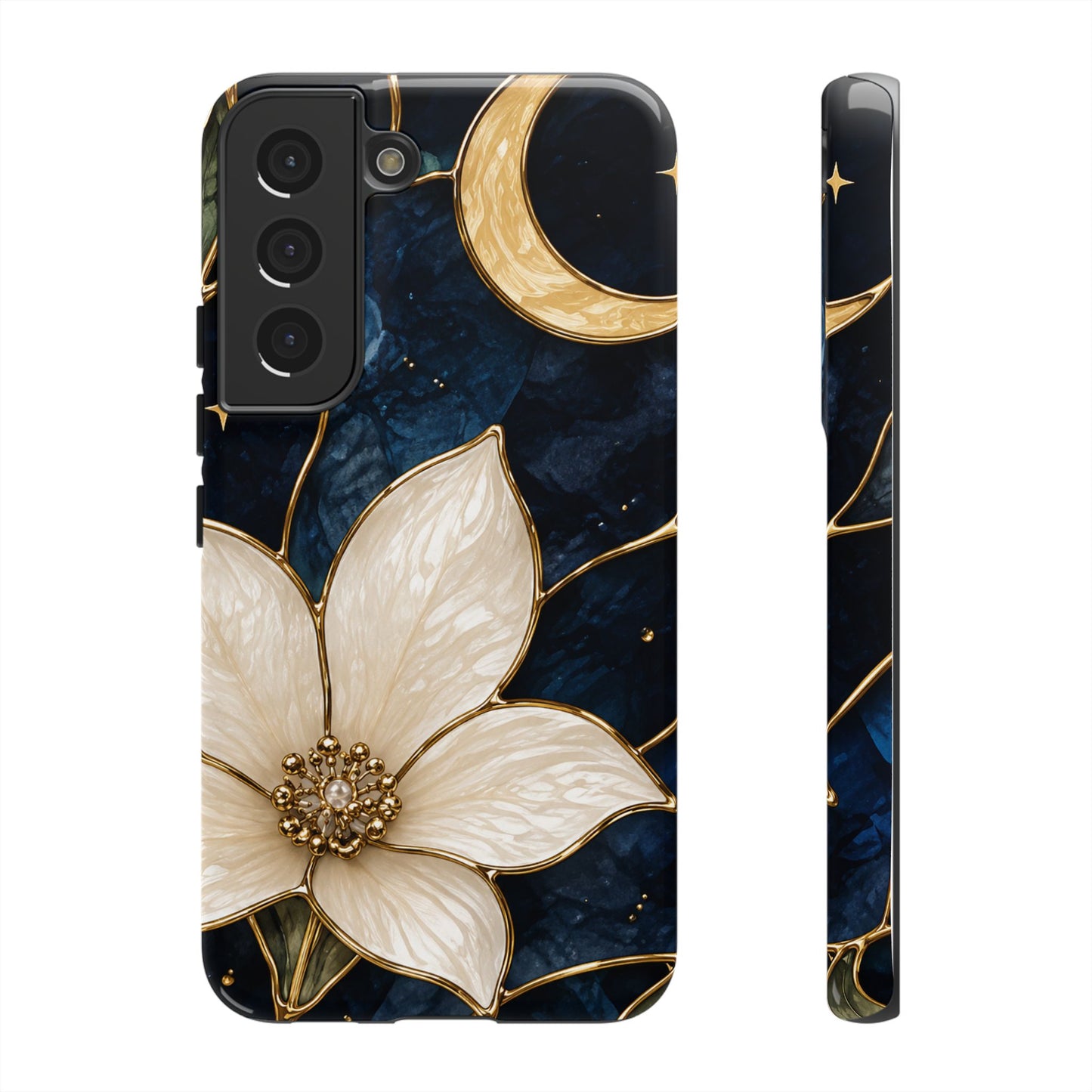 Midnight Blooms Floral Moon Tough Phone Case — Gold Crescent & White Blossom on Navy