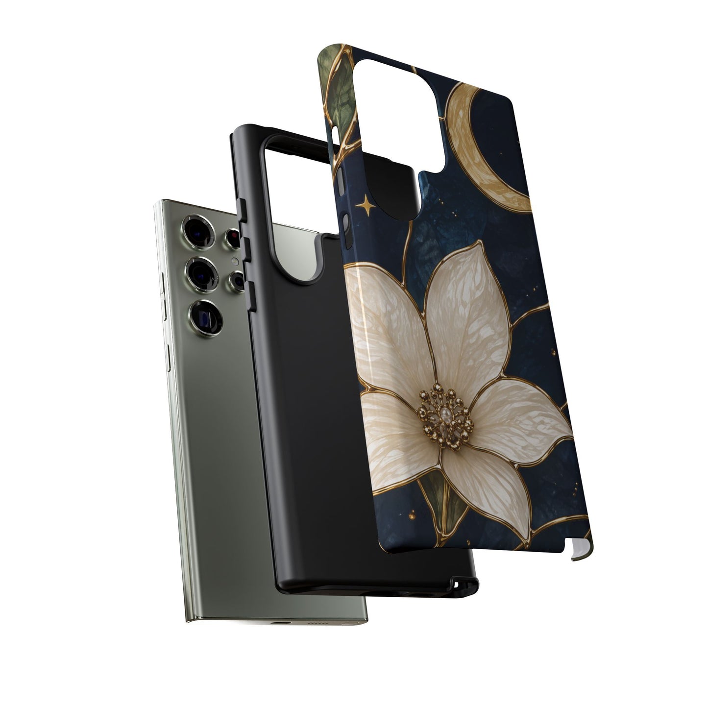 Midnight Blooms Floral Moon Tough Phone Case — Gold Crescent & White Blossom on Navy