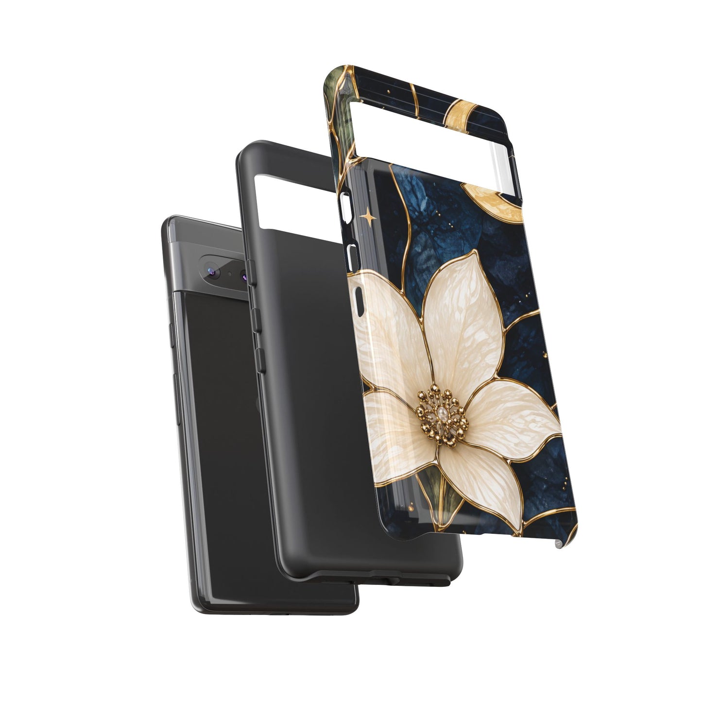 Midnight Blooms Floral Moon Tough Phone Case — Gold Crescent & White Blossom on Navy