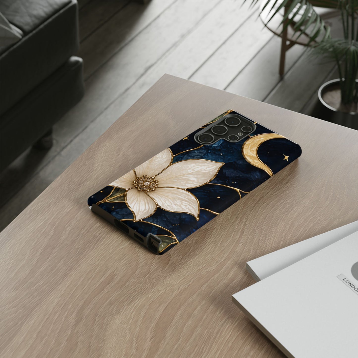 Midnight Blooms Floral Moon Tough Phone Case — Gold Crescent & White Blossom on Navy