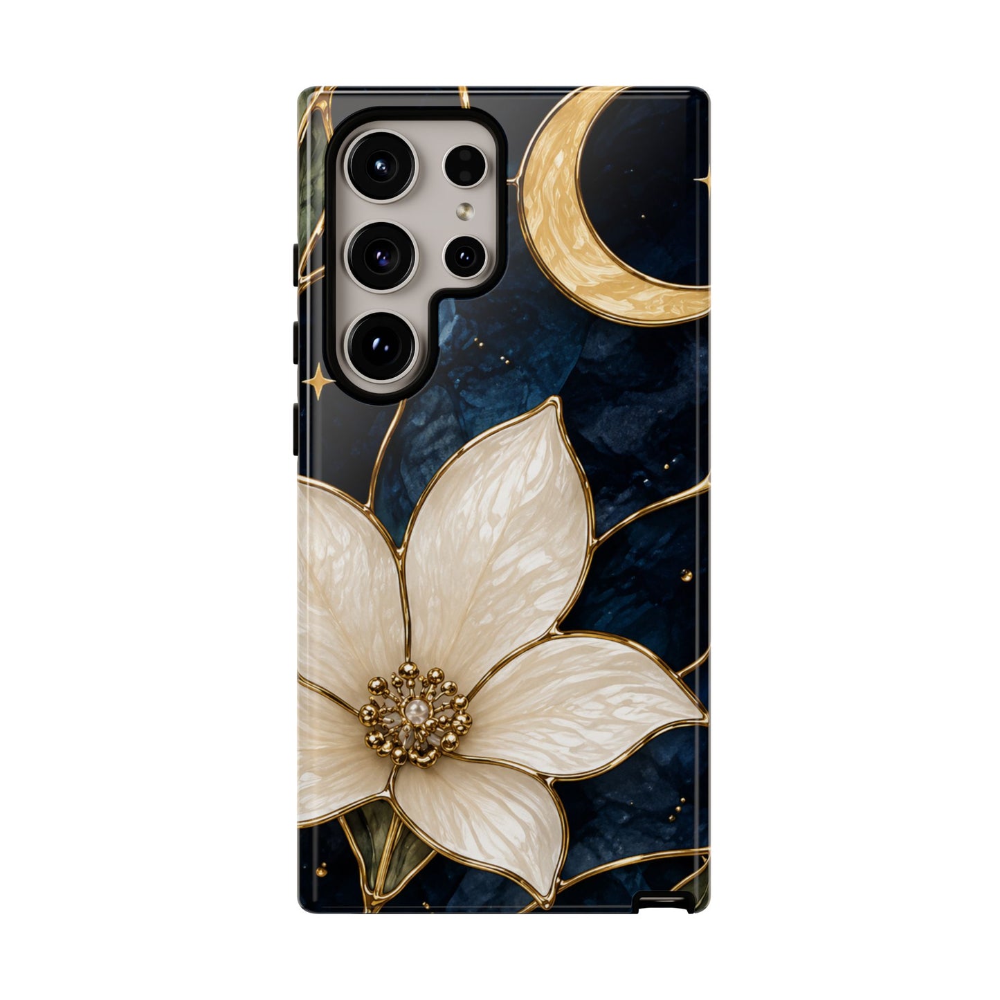 Midnight Blooms Floral Moon Tough Phone Case — Gold Crescent & White Blossom on Navy